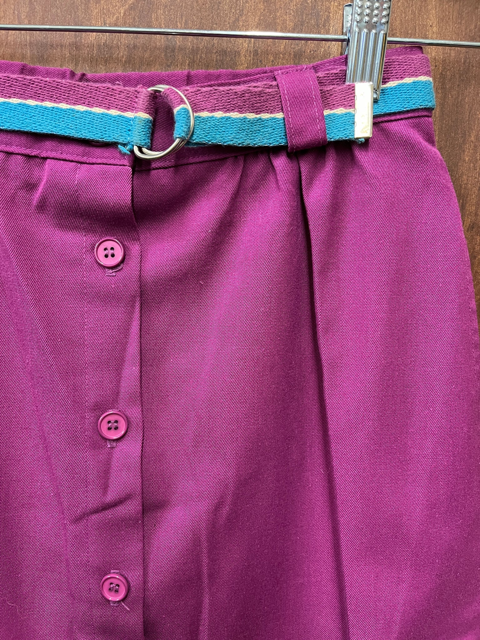 1980s SKIRTS- Purple button front straight skirt w/ belt
