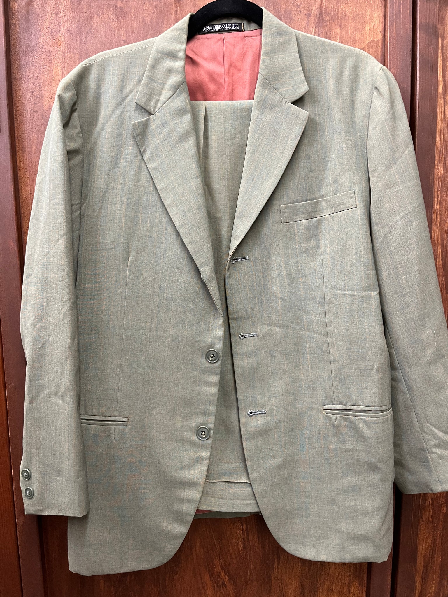 1960s MENS 2 PIECE- SUIT- James S Lee olive green light wool suit
