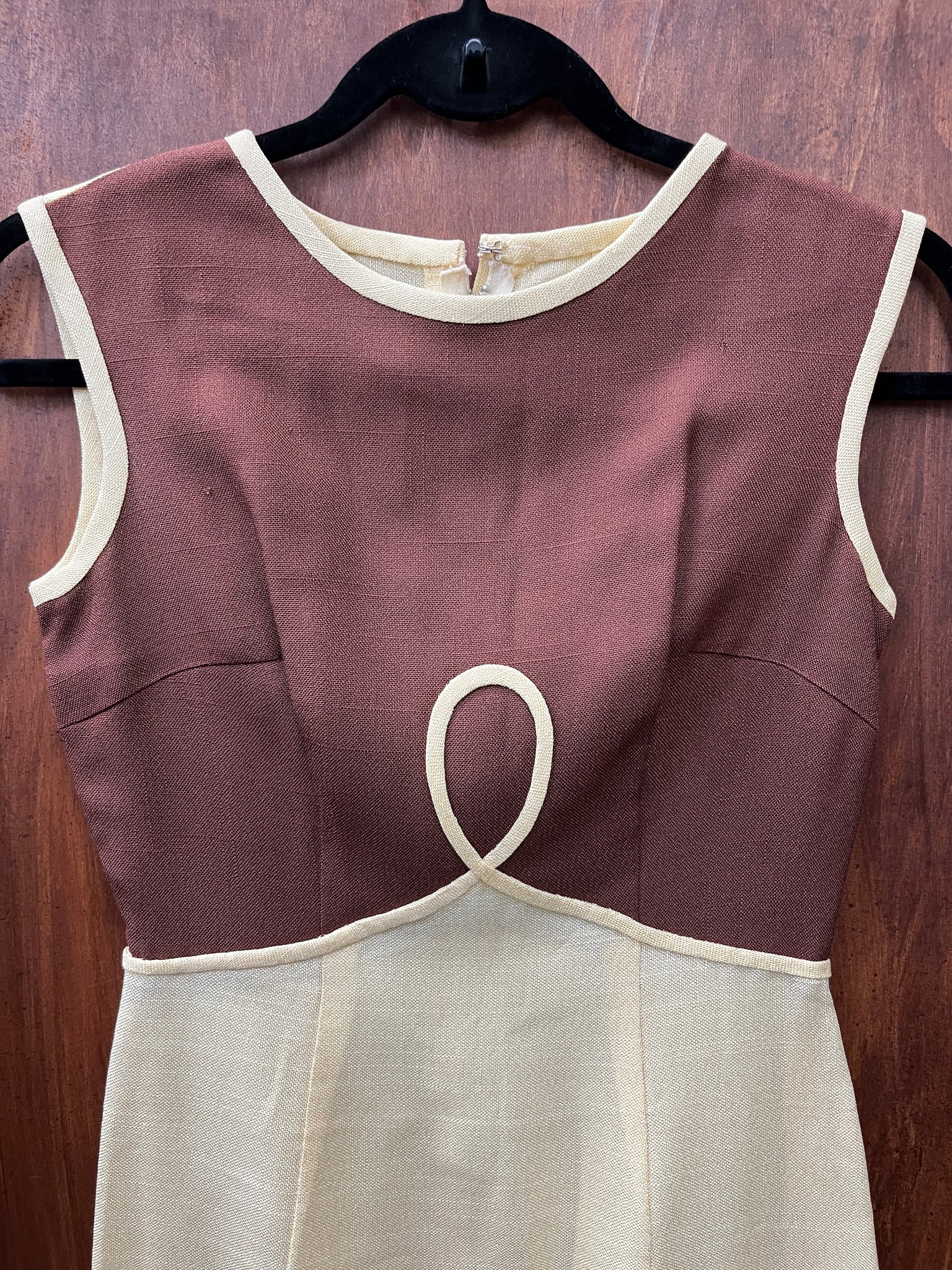 1960s DRESS- Brown/ cream mod mini embroidered detail