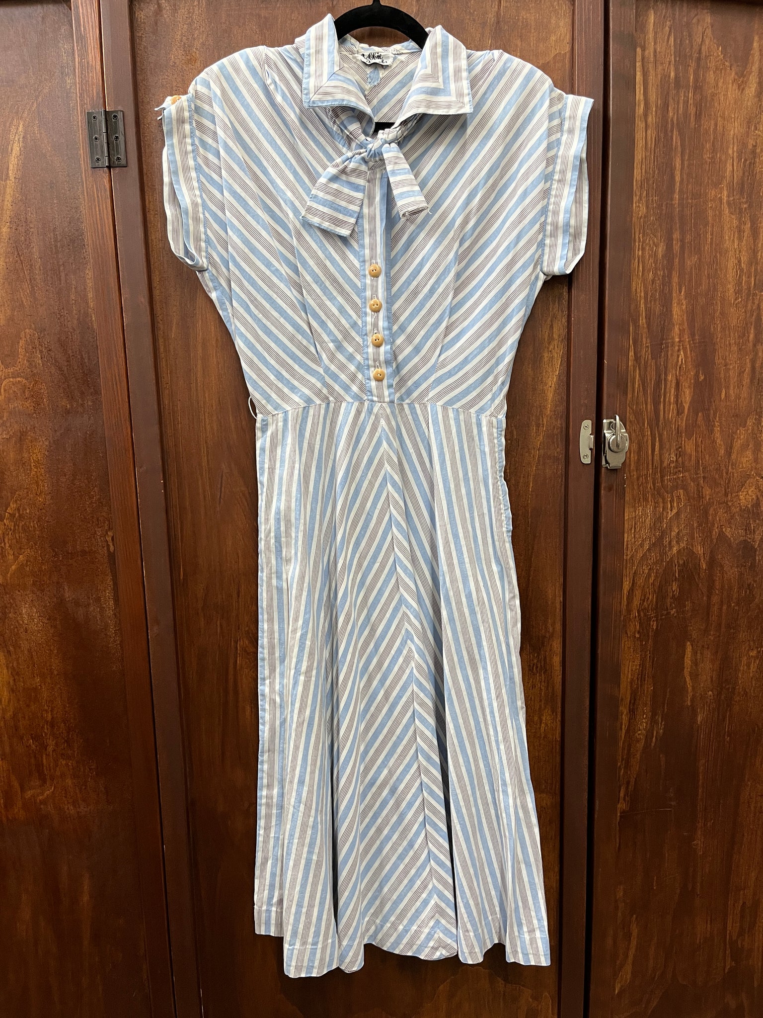1950s DRESS- Bobbie Brooks blue/ grey chevron stripe