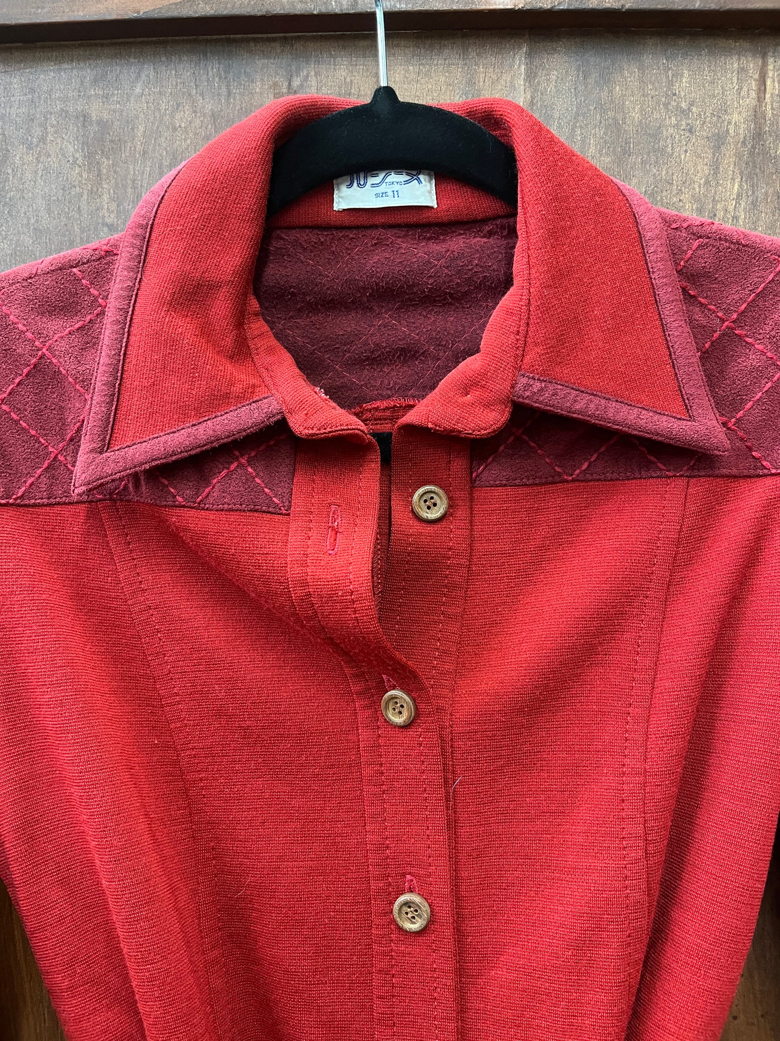 1970s SWEATER- Ju Le Tokyo- cherry red burgundy wood buttons tie at waist