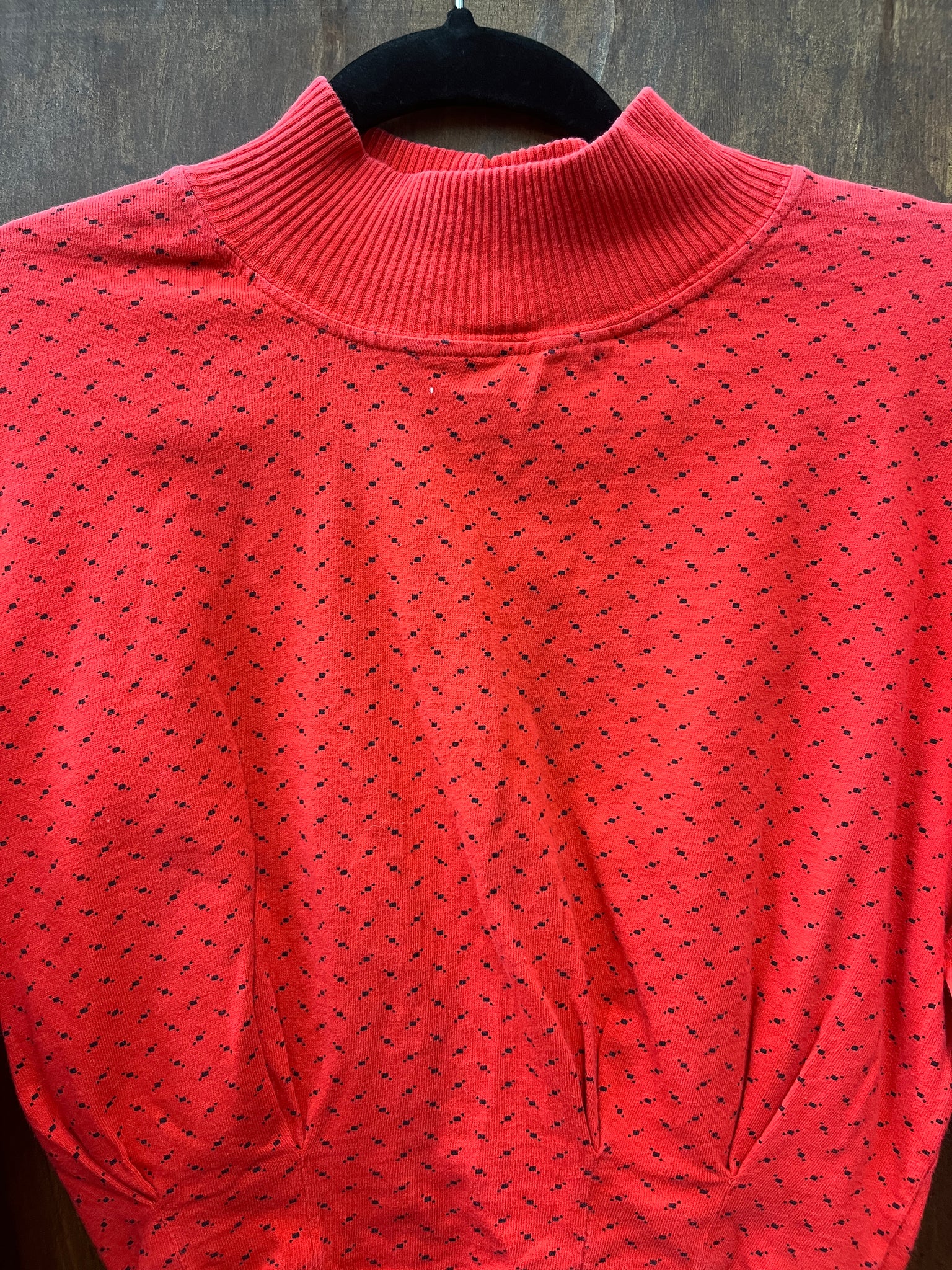 1990s T SHIRT- Cherrylane- red with black ditty cropped mock turtleneck