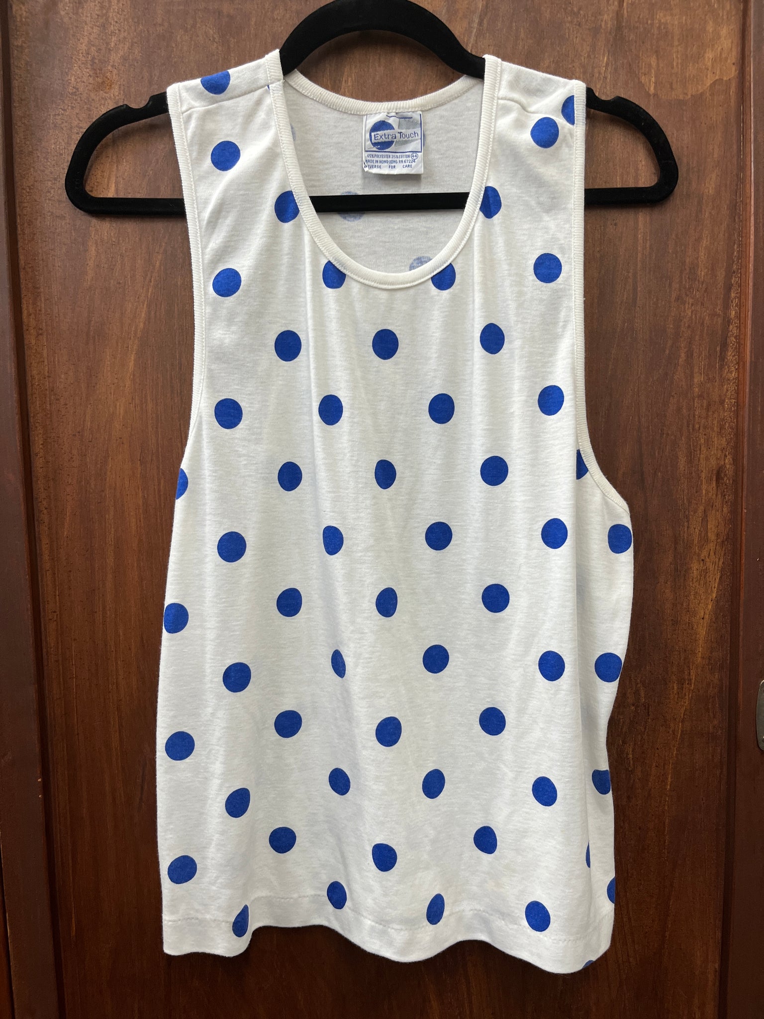 1990s T SHIRT- tanktop- Extra Touch- white with blue polka dots