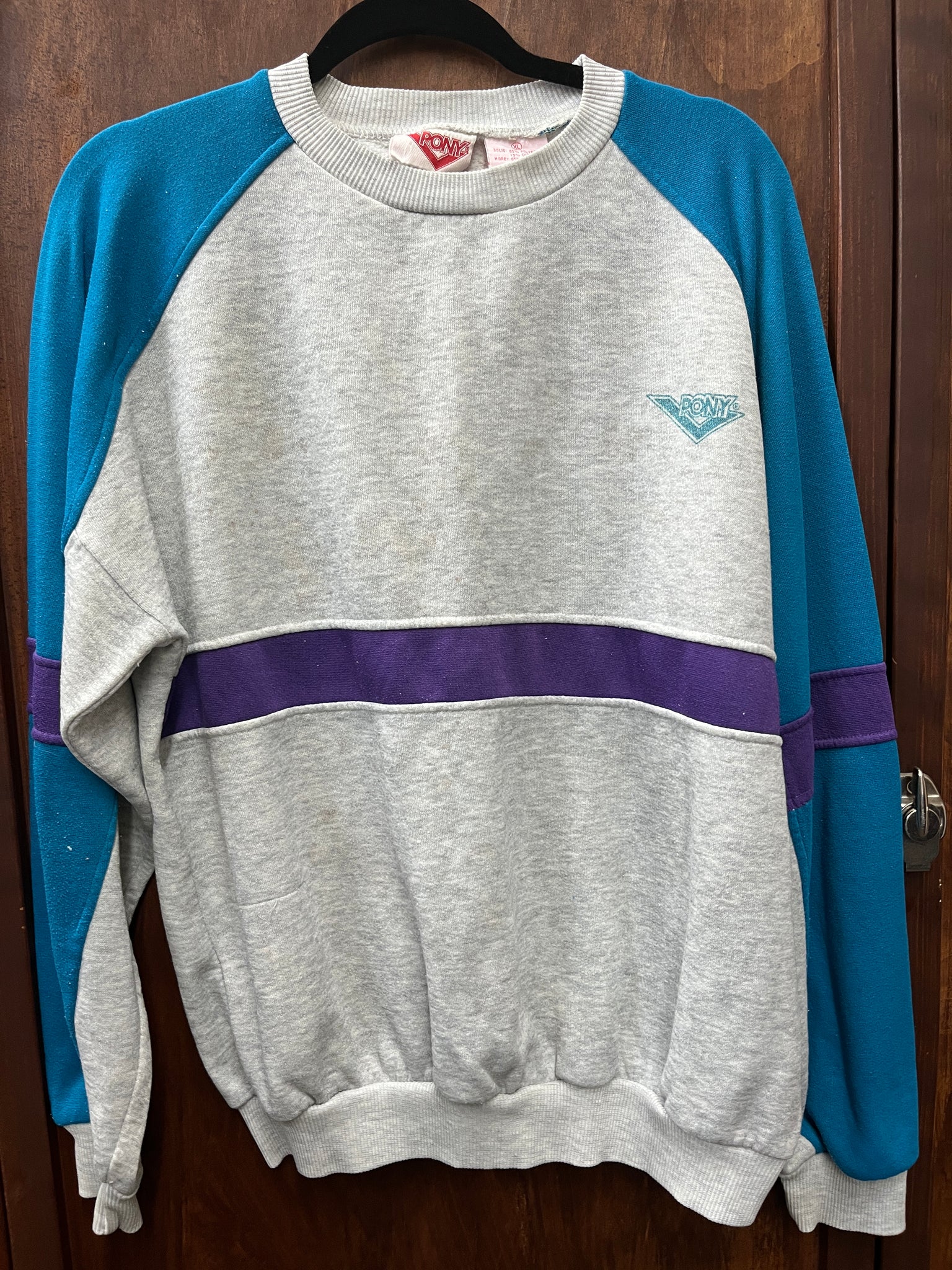 1980s T SHIRT- SWEATSHIRT- Pony- Grey with blue and purple stripe