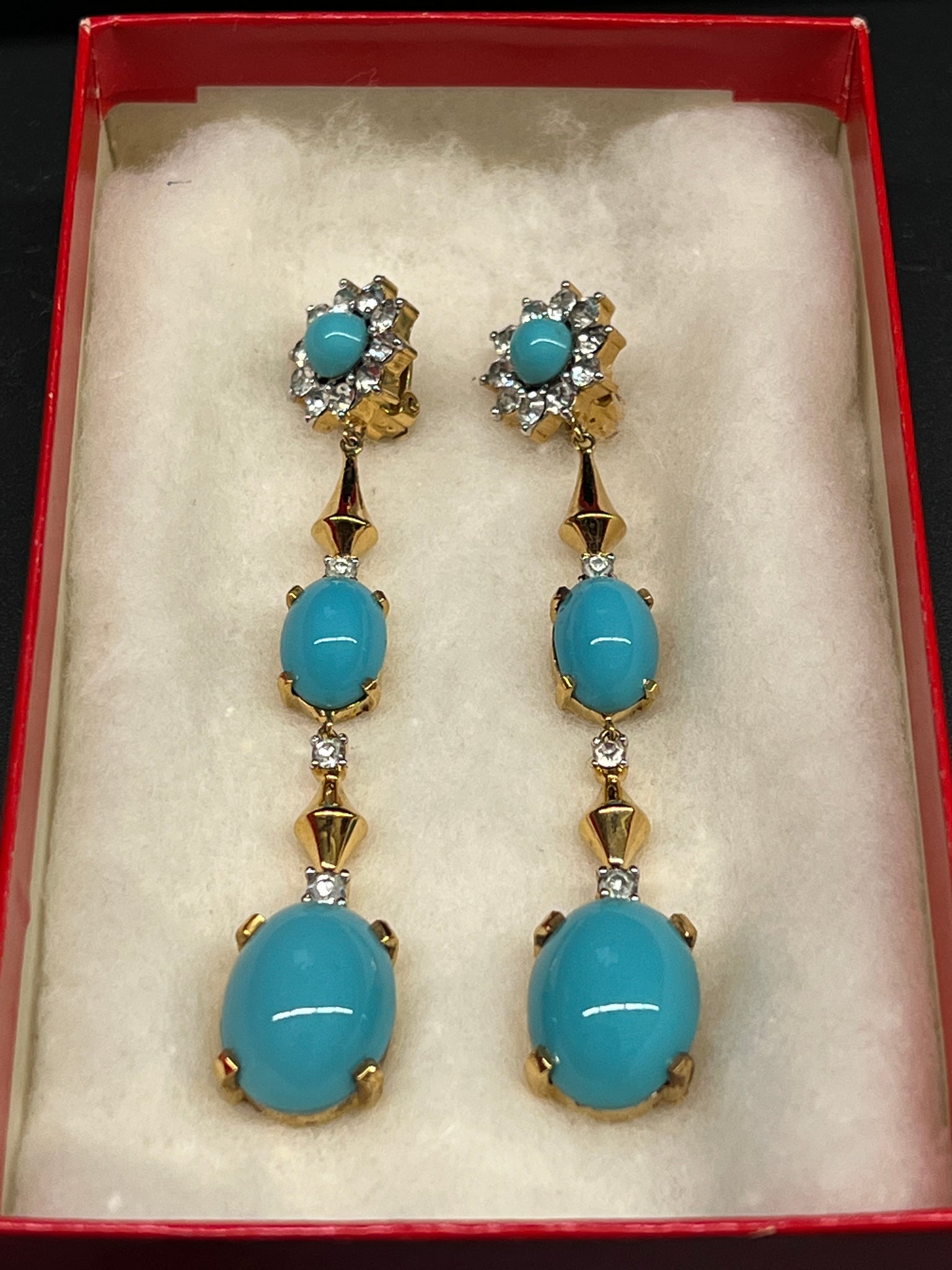 1960S JEWELERY- Jomaz turquoise/gold/rhinestone drop earrings