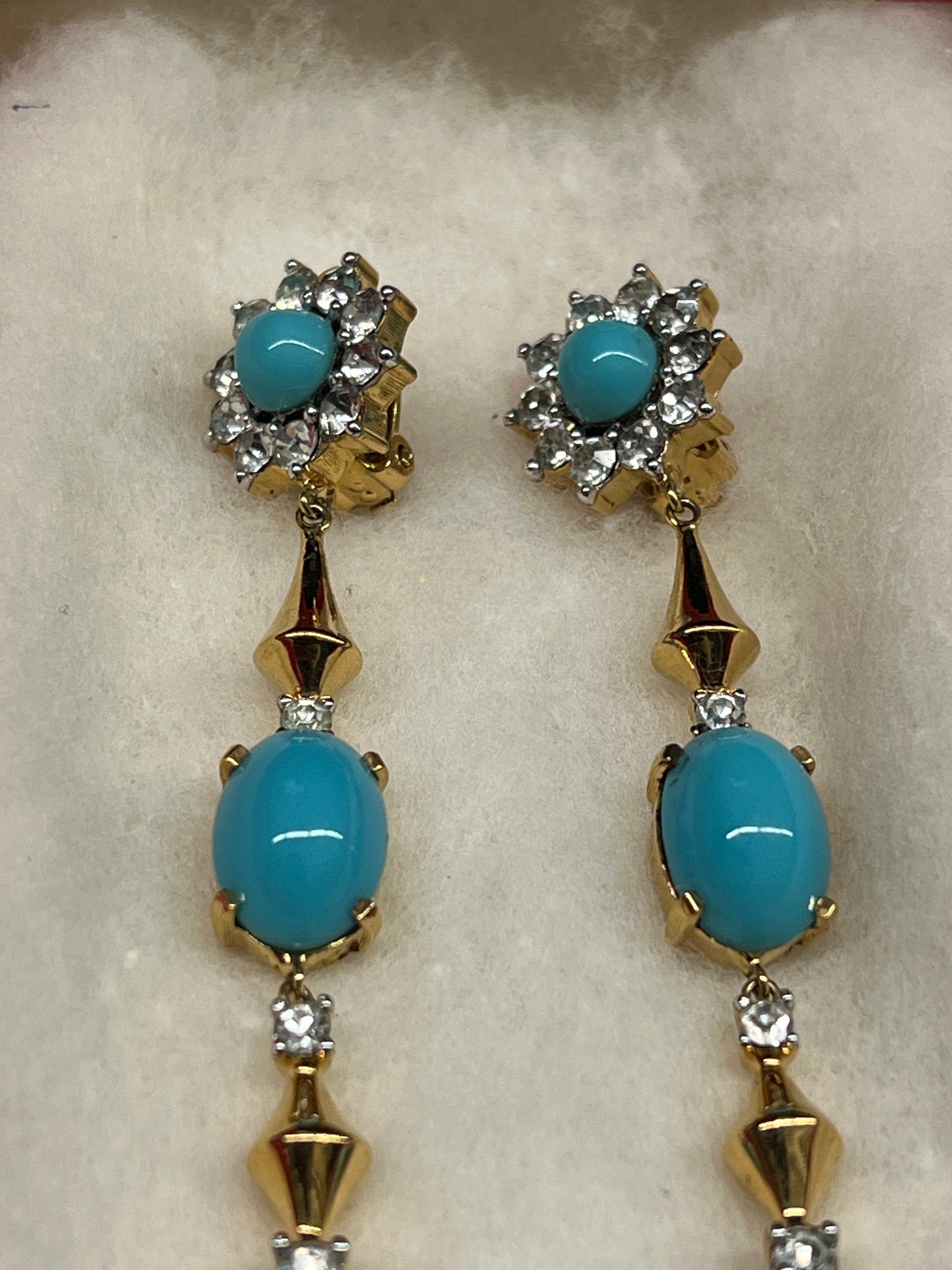 1960S JEWELERY- Jomaz turquoise/gold/rhinestone drop earrings