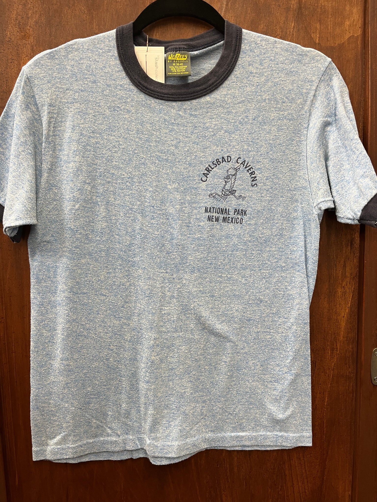 1970s TSHIRT-ringer tee-Jersee's Carlsbad Caverns-heather blue