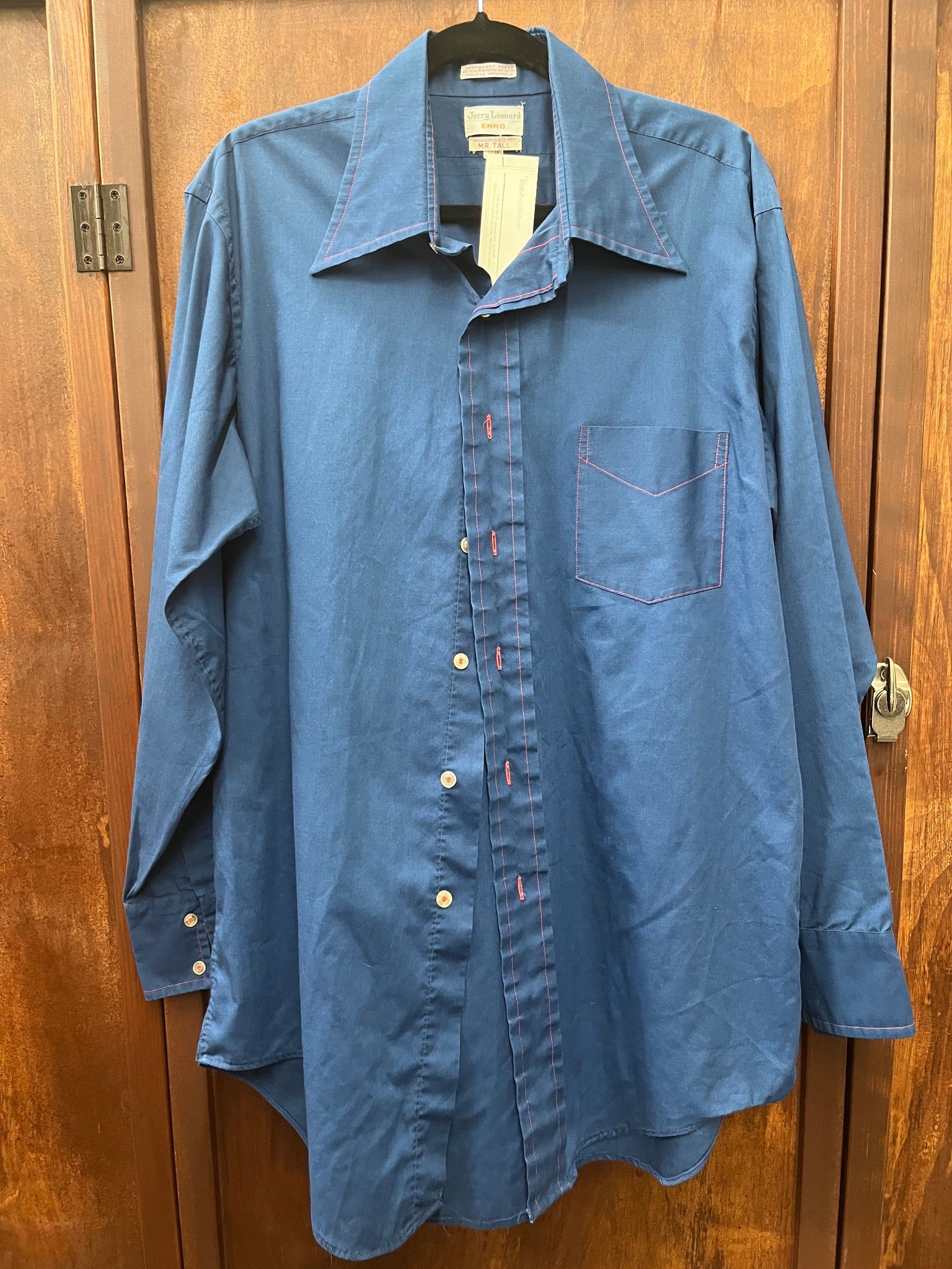 1970s MENS SHIRT-Jerry Leonard Mr Tall-blue with red stitching