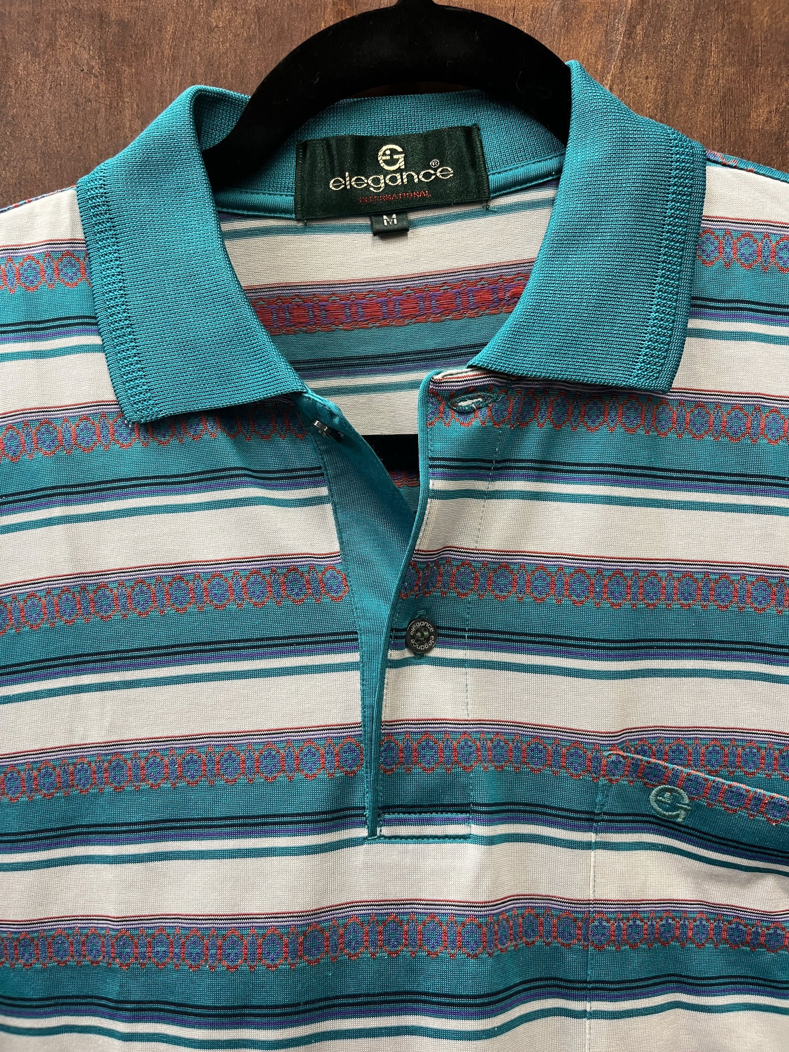 1980s MENS T-SHIRT- Elegance- turquoise white orange stripe polo
