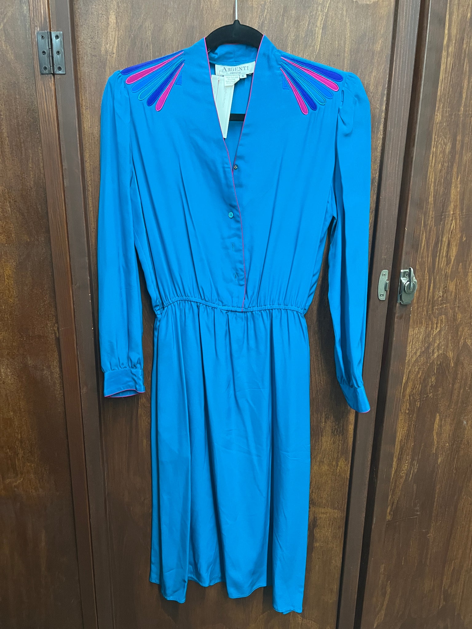 1970s -DRESS- Argenti teal blue silk w/pink purple accents