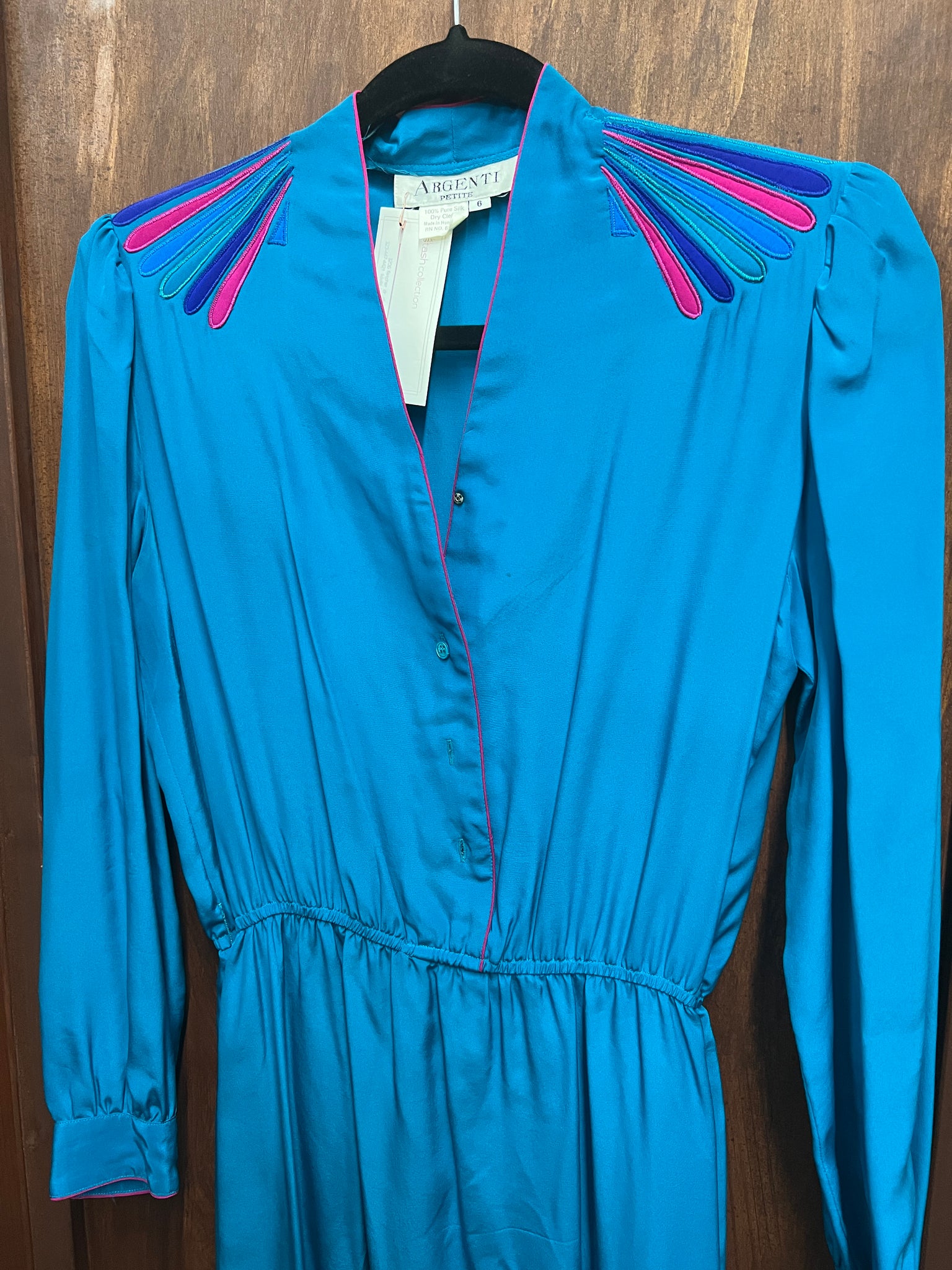 1970s -DRESS- Argenti teal blue silk w/pink purple accents