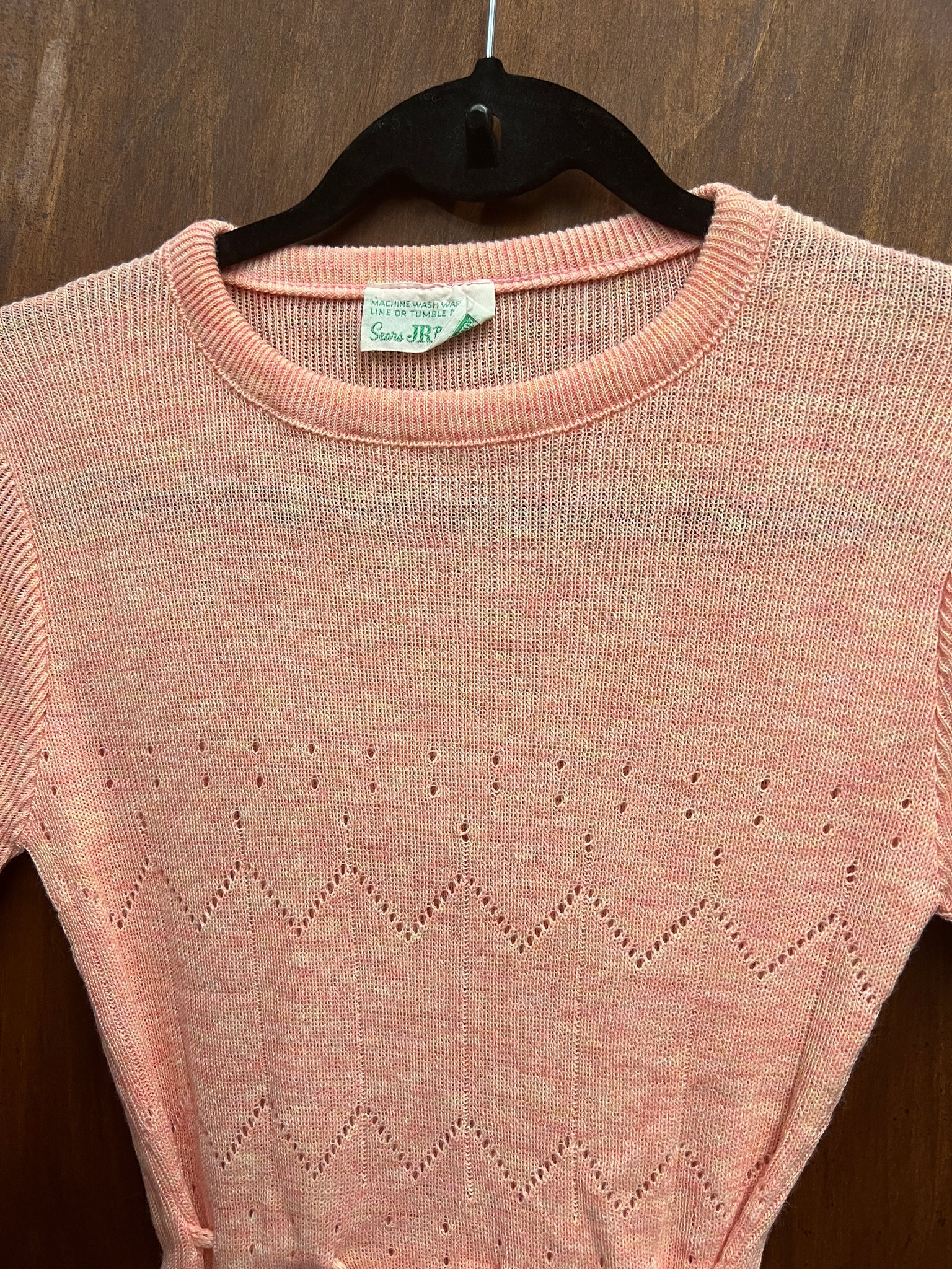 1970s-SWEATER- Sears Jr light pink s/s belted
