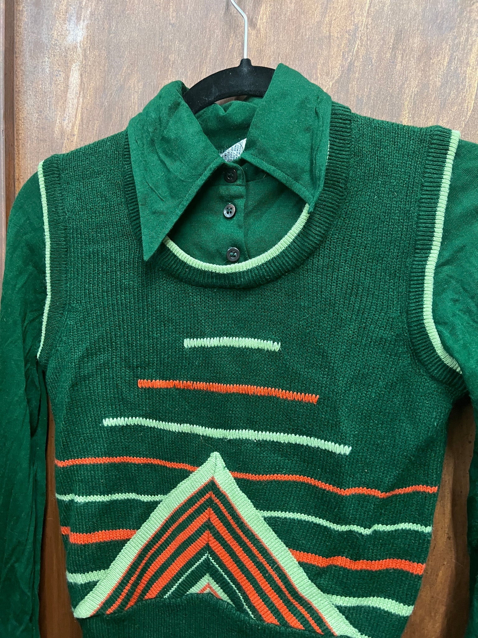 1970s-SWEATER- forest green vest w/ attached l/s shirt
