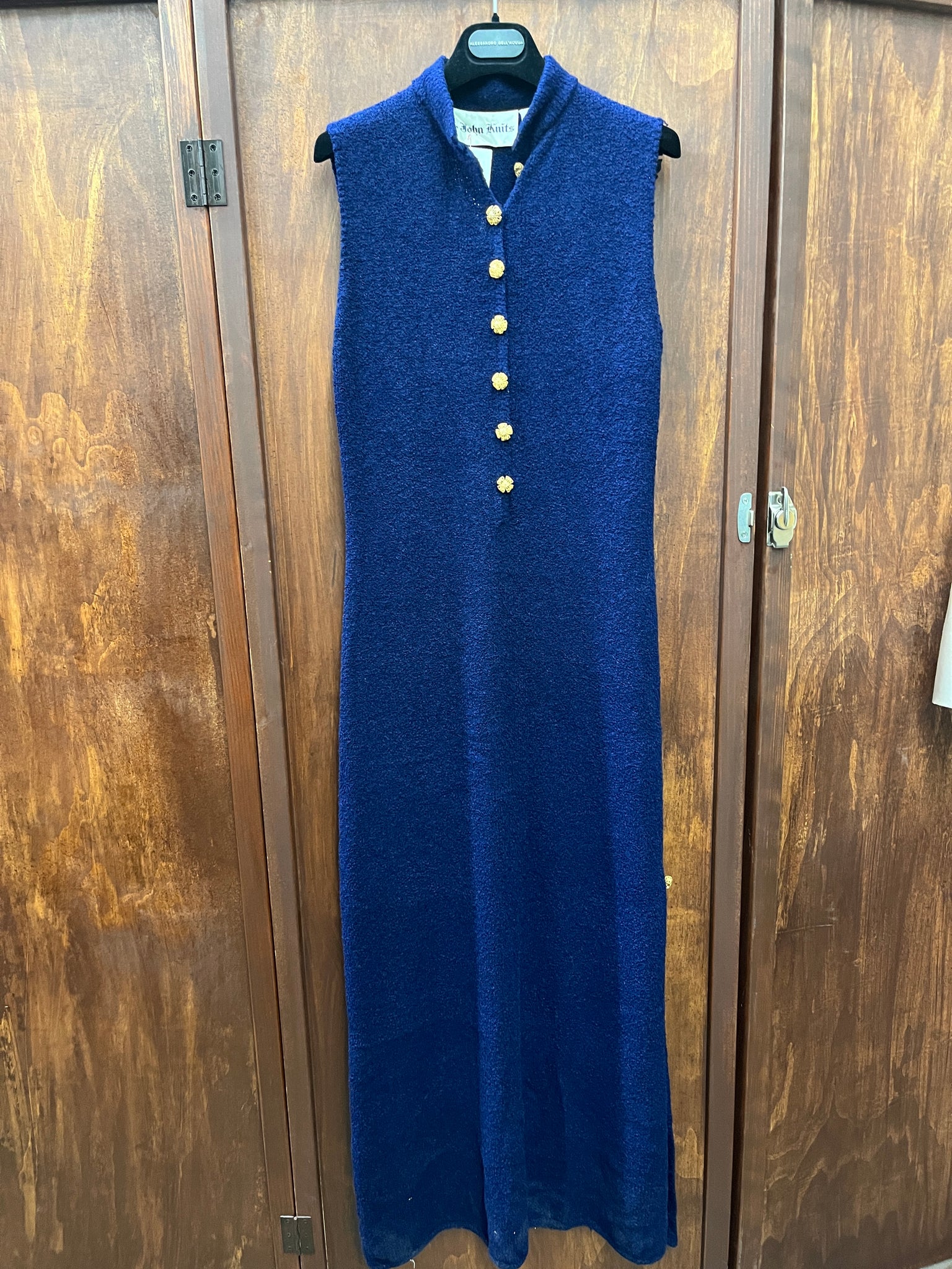 1960S DRESS- St John Knits-navy blue gold buttons slinky sleeveless