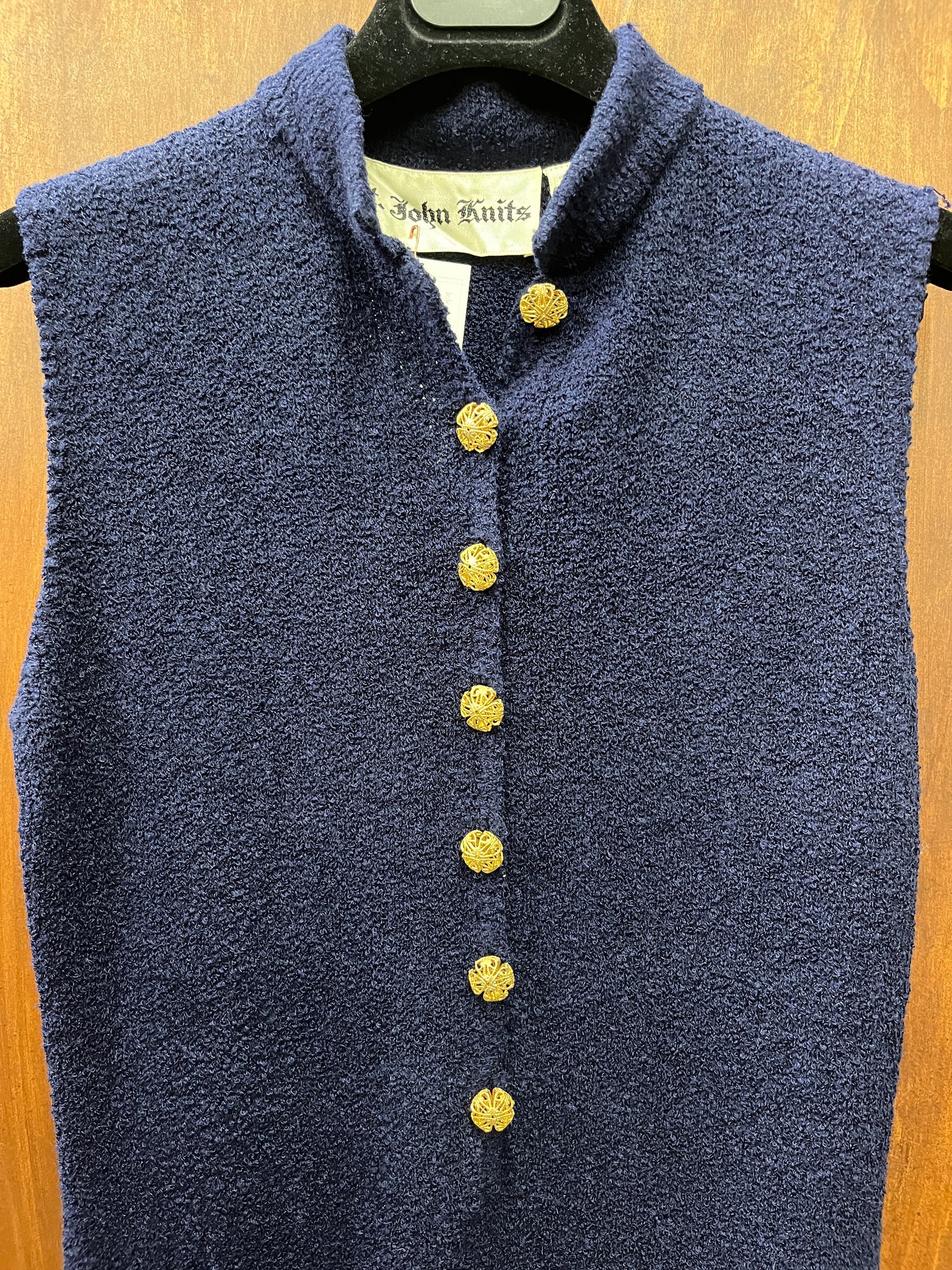 1960S DRESS- St John Knits-navy blue gold buttons slinky sleeveless