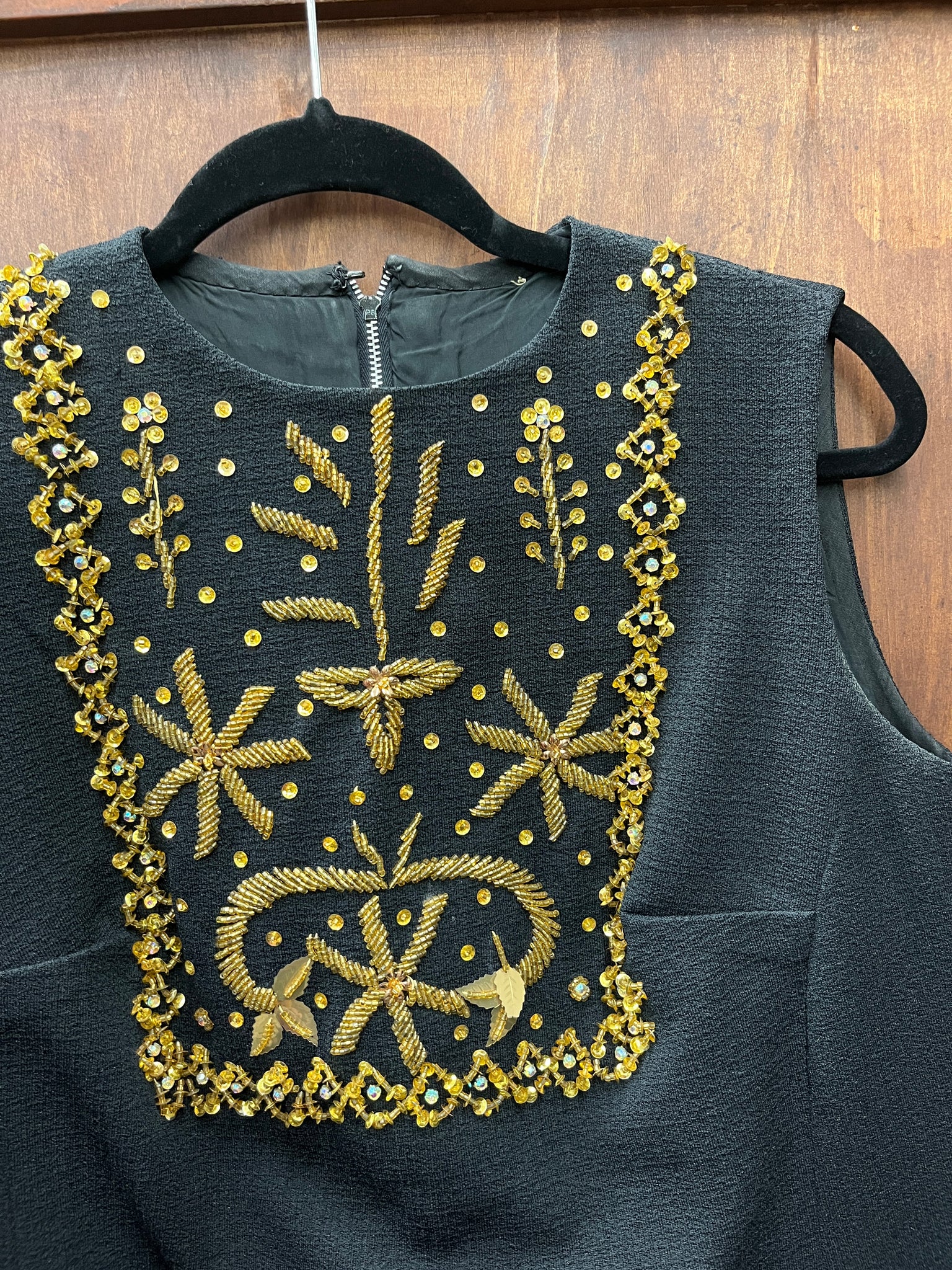 1960S DRESS- black with gold hand beading detail sleeveless