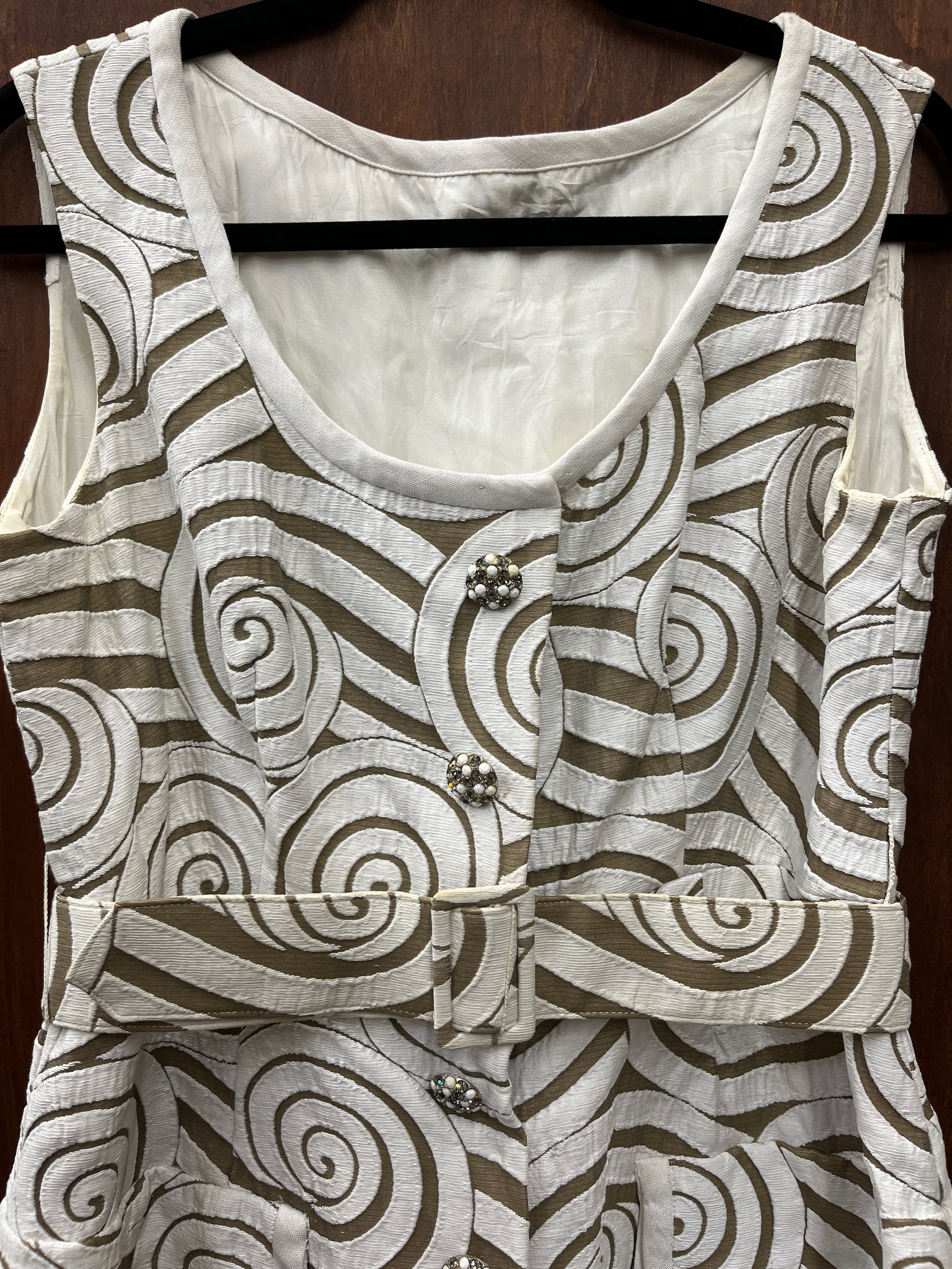 1960S DRESS- white green olive swirl print with belt