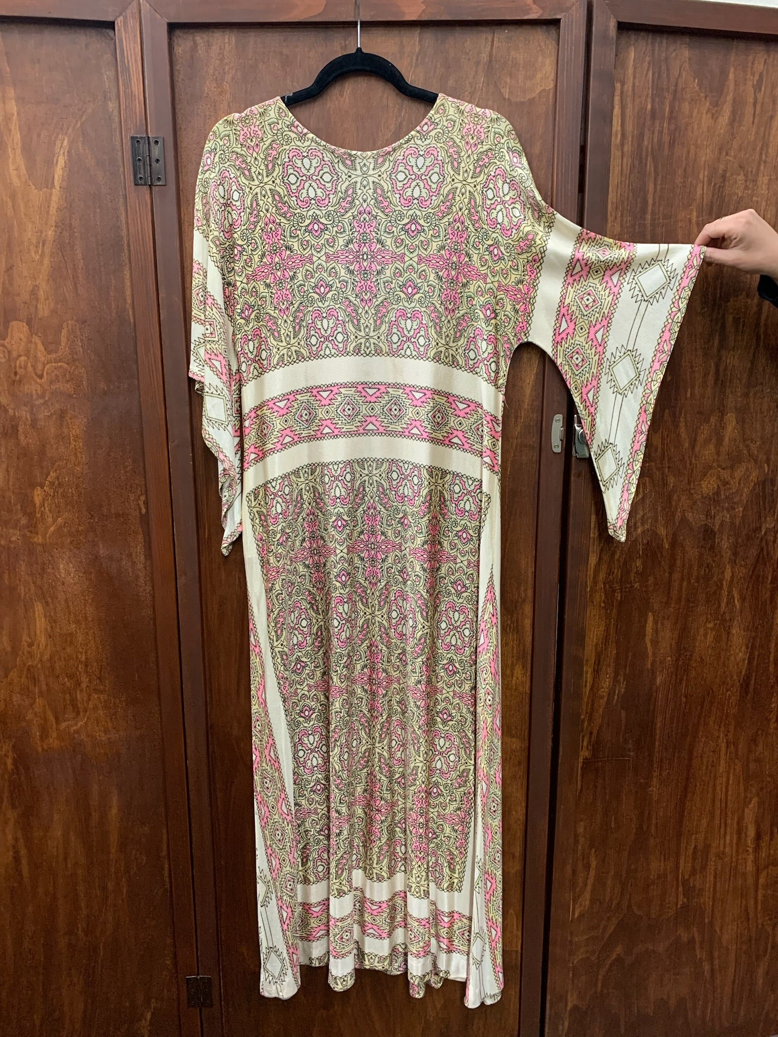 RETURNED 4/4/22 silky poly border print maxi caftan