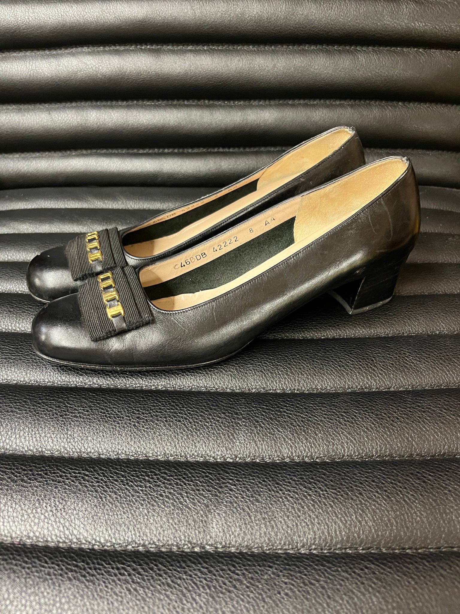 1960s SHOES- Salvatore Ferragammo- black pumps with gold chain