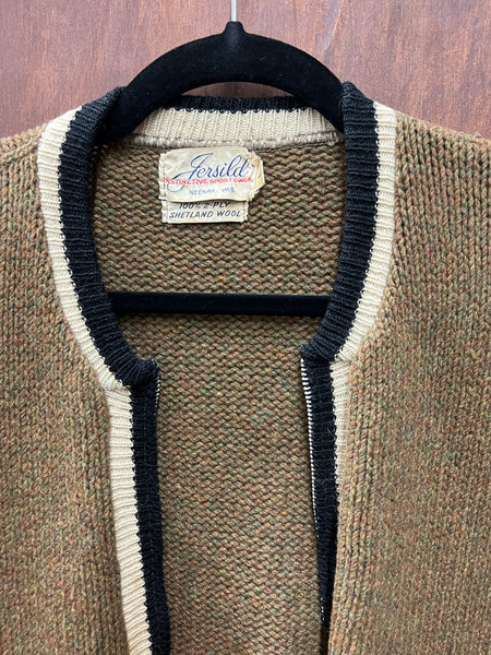 1950s MENS SWEATER-Jersild olive green wool zip front elbow patches (AS IS)