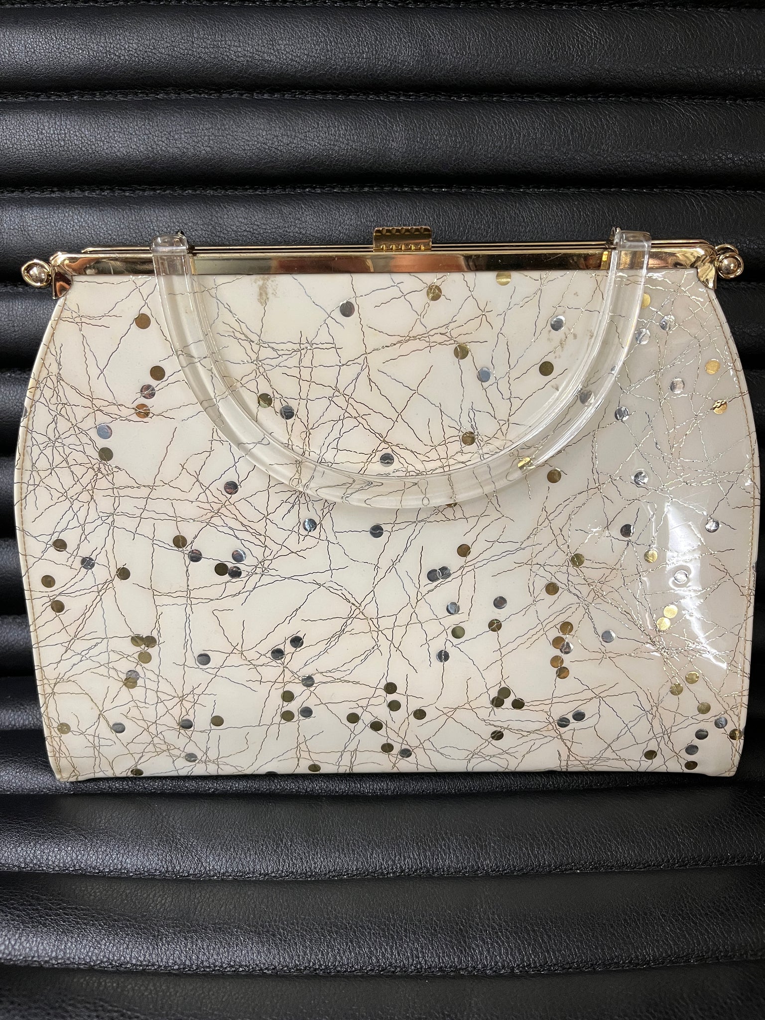 1960s ACCESSORIES-PURSE- silver gold dot squiggle vinyl