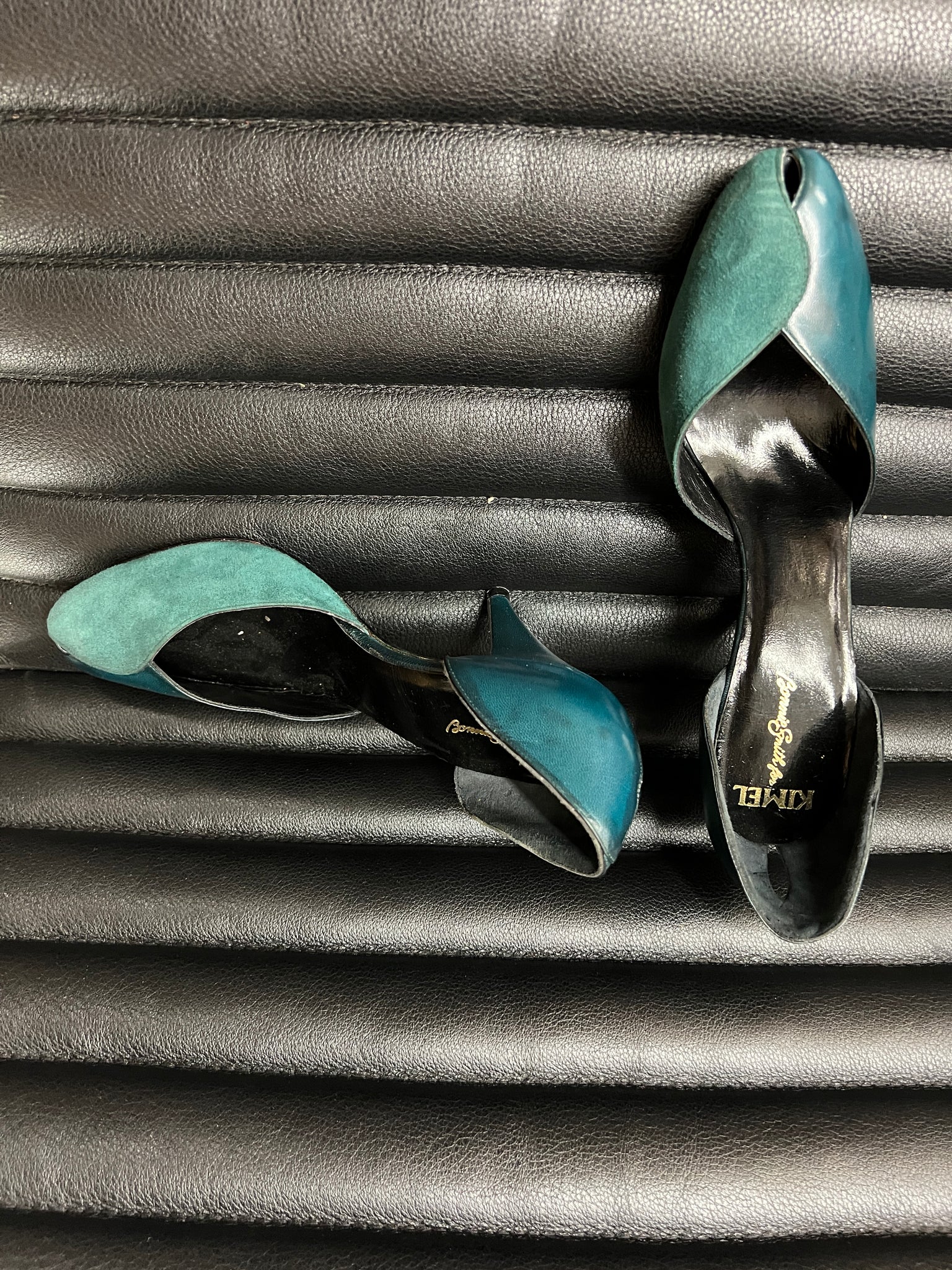 1970s SHOES-Kimel teal green peep toe pumps