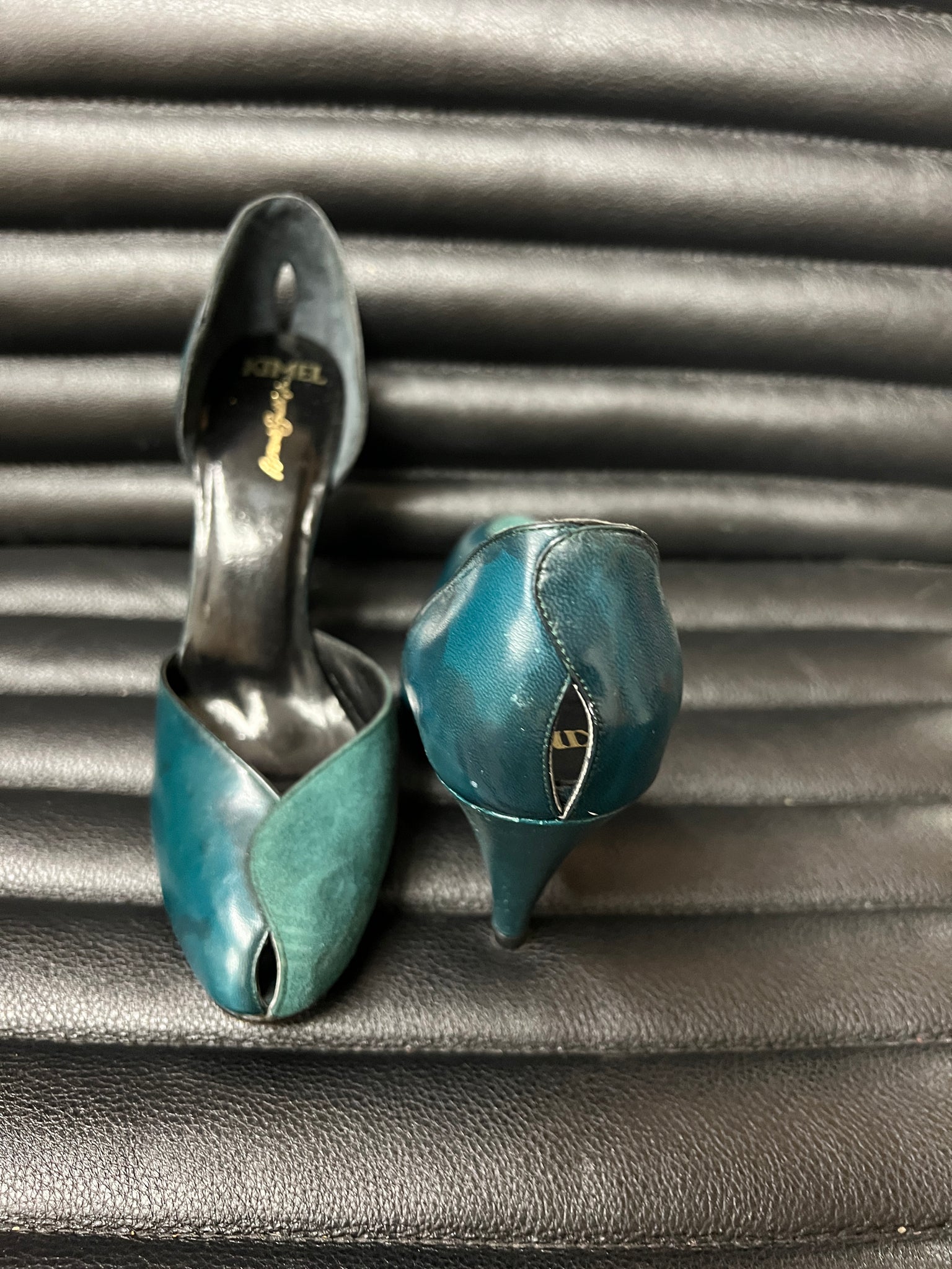 1970s SHOES-Kimel teal green peep toe pumps