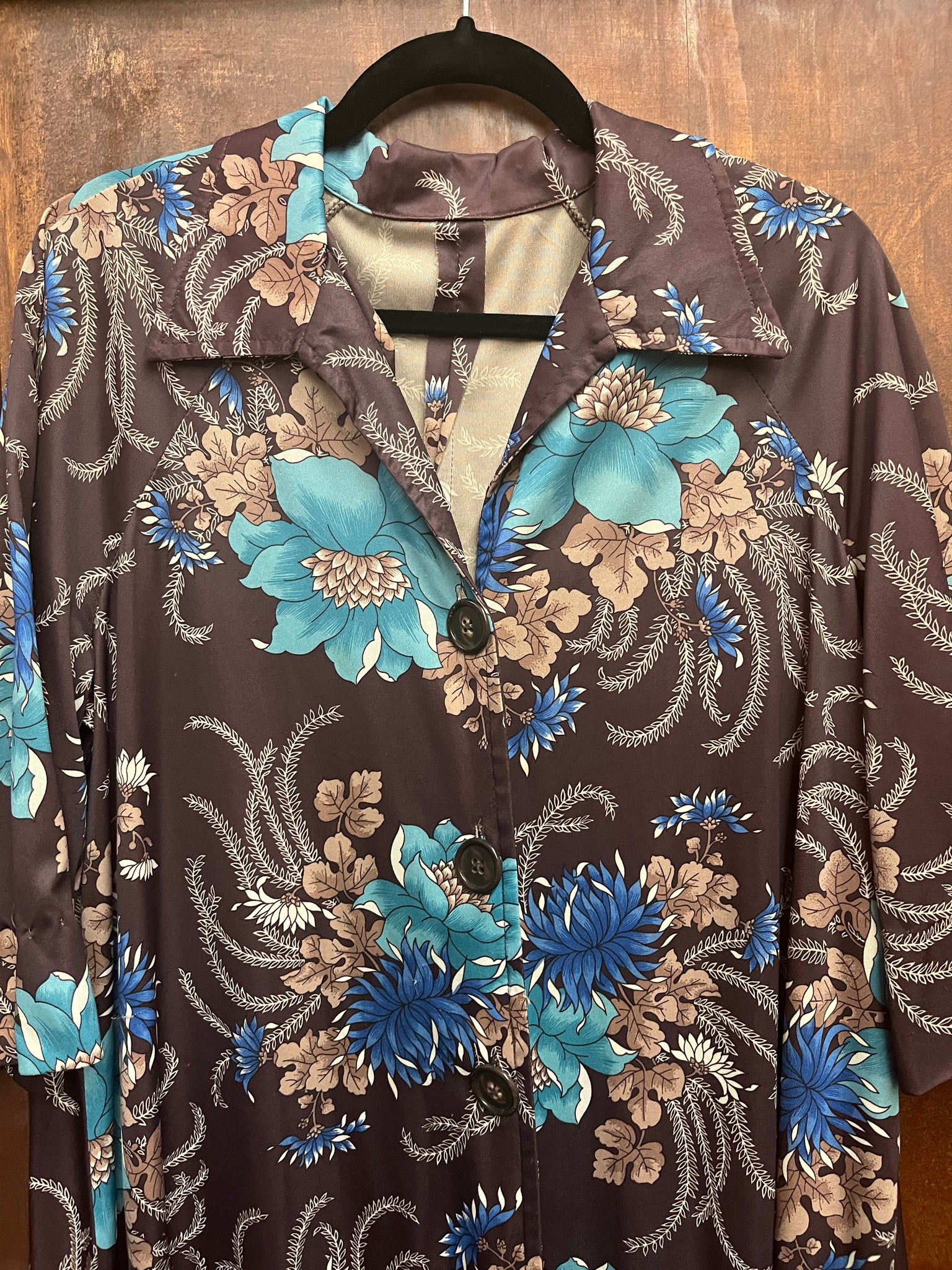 1970S DRESS- brown with blue floral button up
