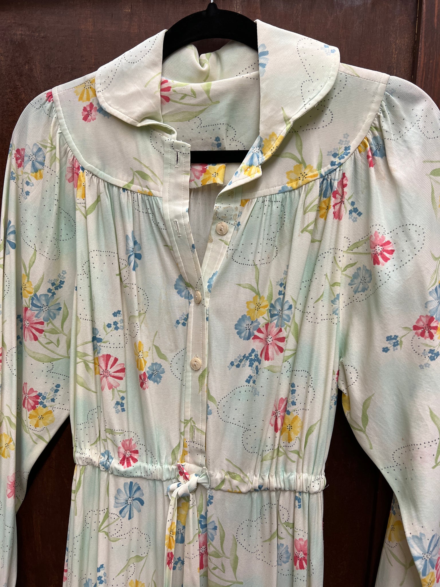 1970s DRESS- poly spring floral print peterpan collar l/s