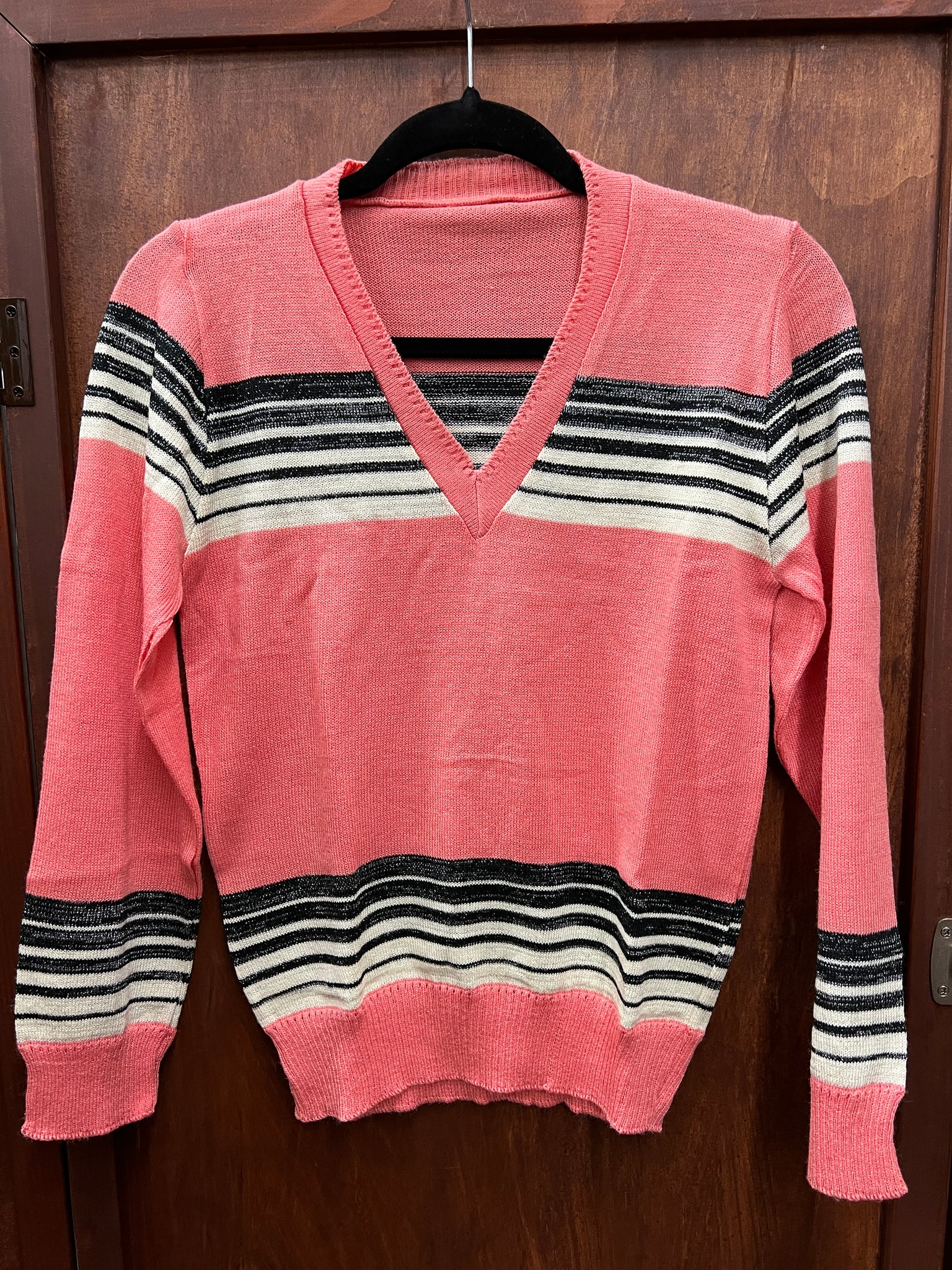 1970s-SWEATER- pink/ black&white stripe v-neck