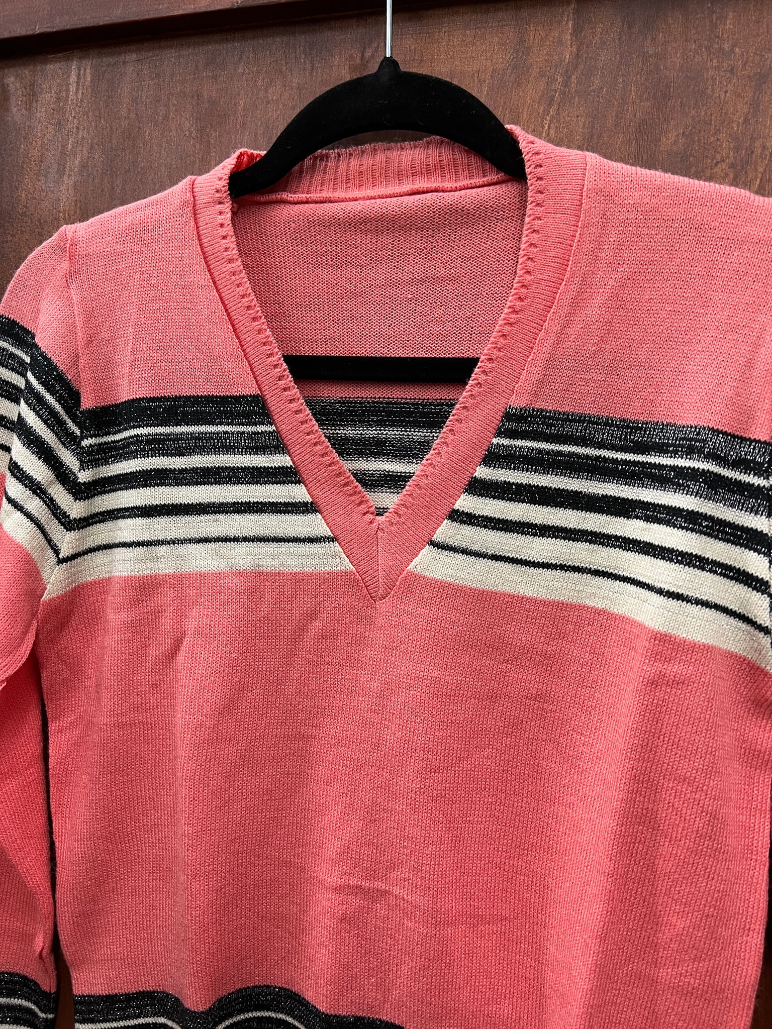1970s-SWEATER- pink/ black&white stripe v-neck