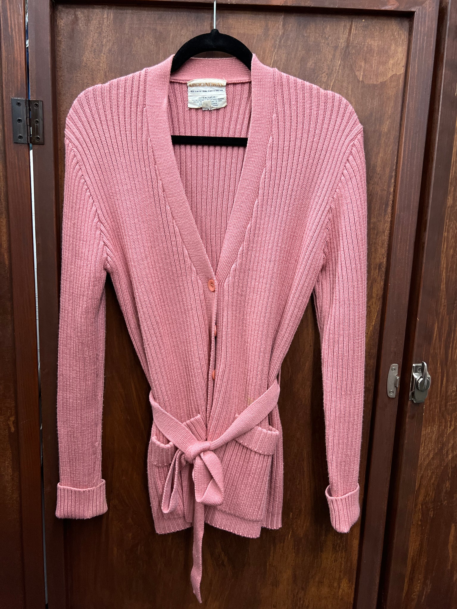 1970s-SWEATER- Broadway light pink belted cardigan