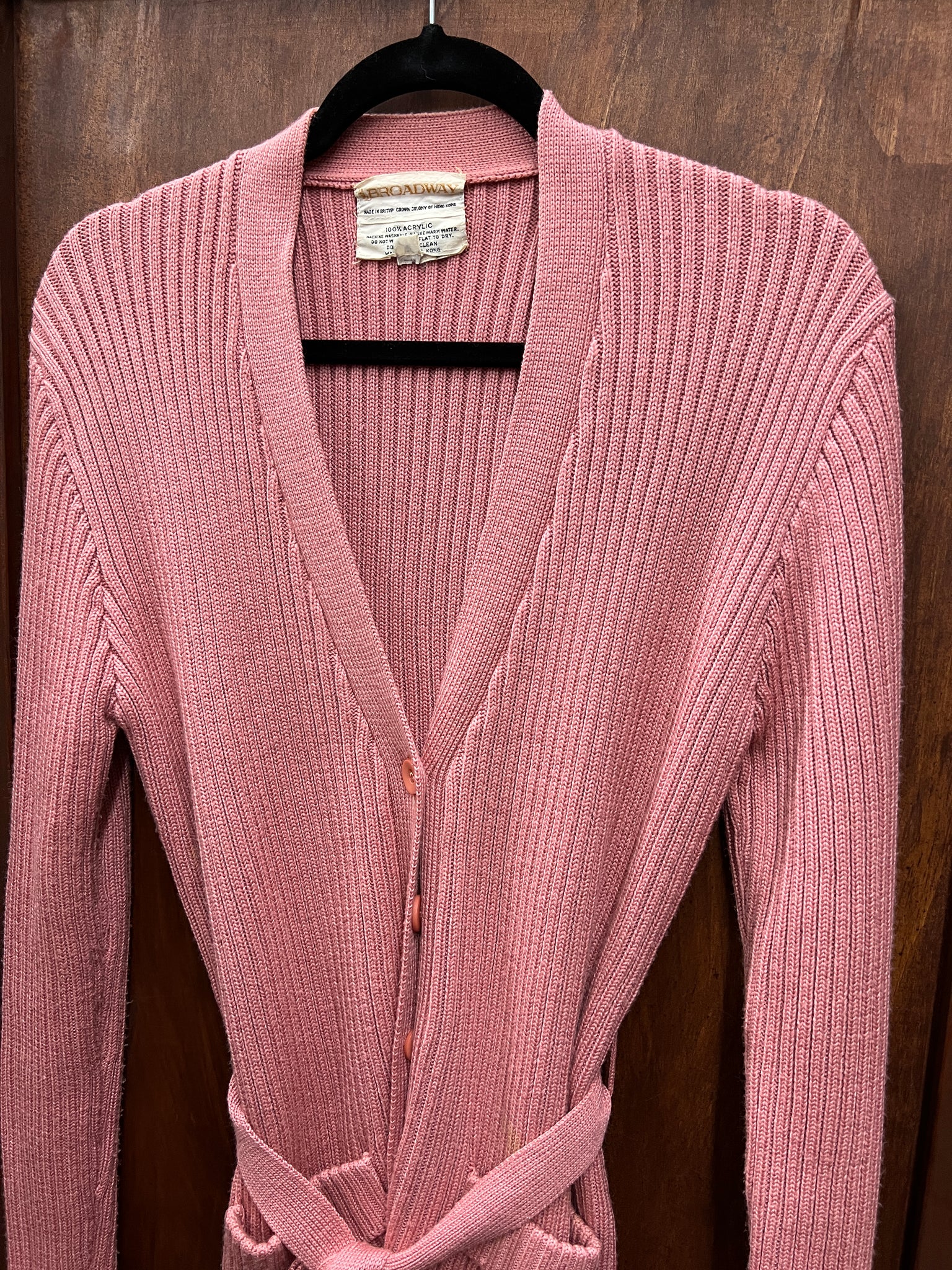 1970s-SWEATER- Broadway light pink belted cardigan