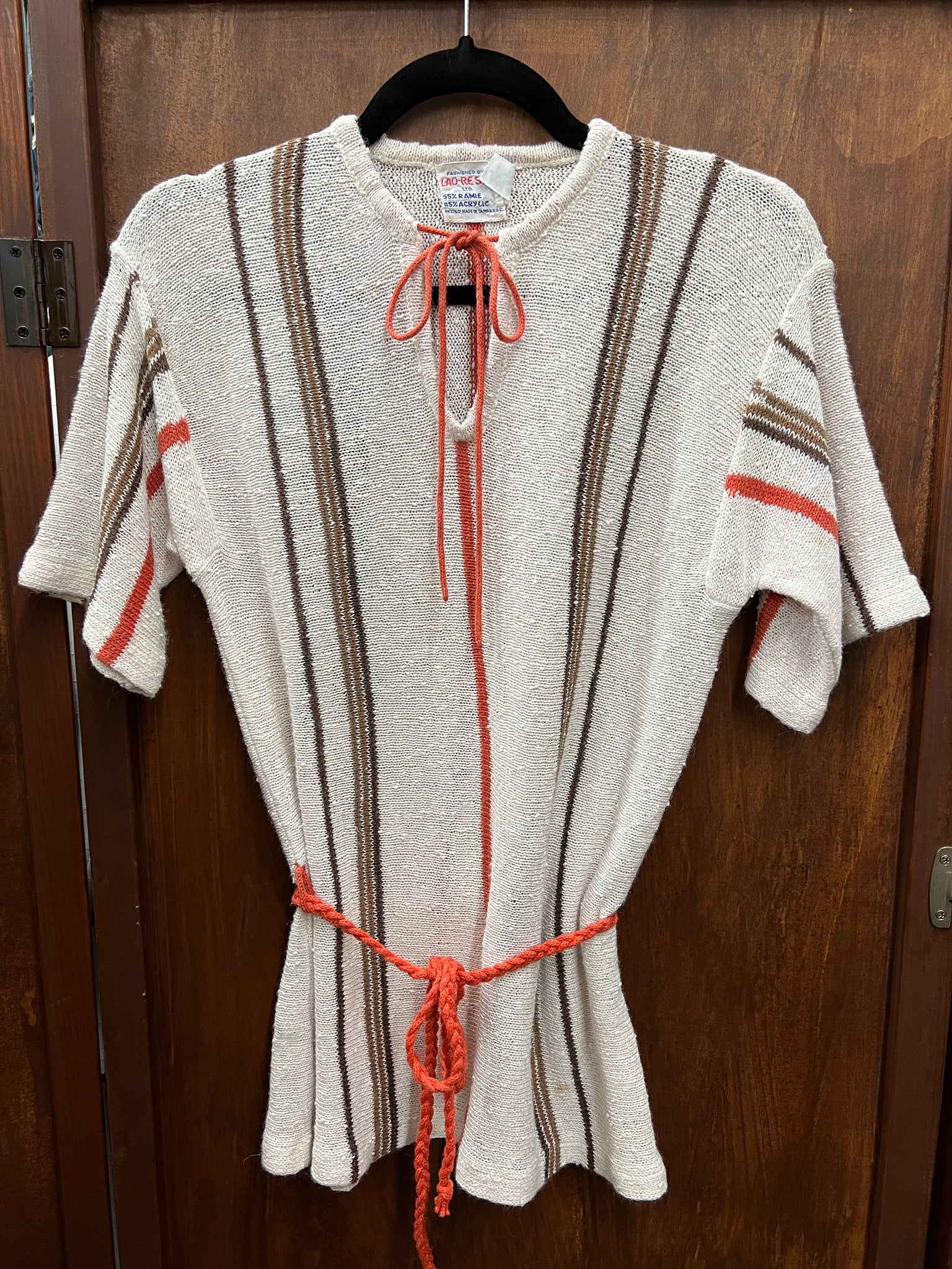 1970s SWEATER- Lau-Re San cream brown stripe belted s/s