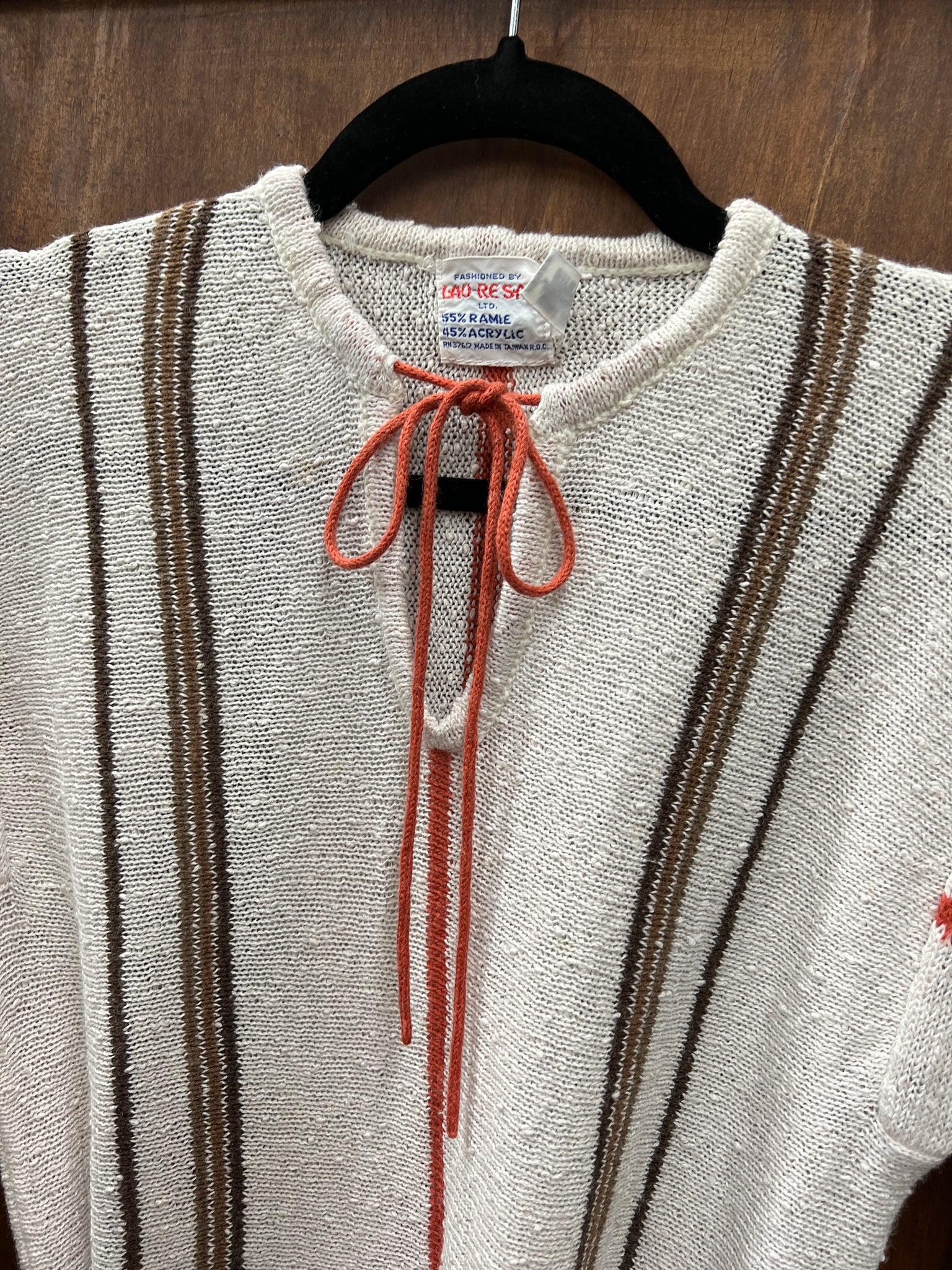 1970s SWEATER- Lau-Re San cream brown stripe belted s/s