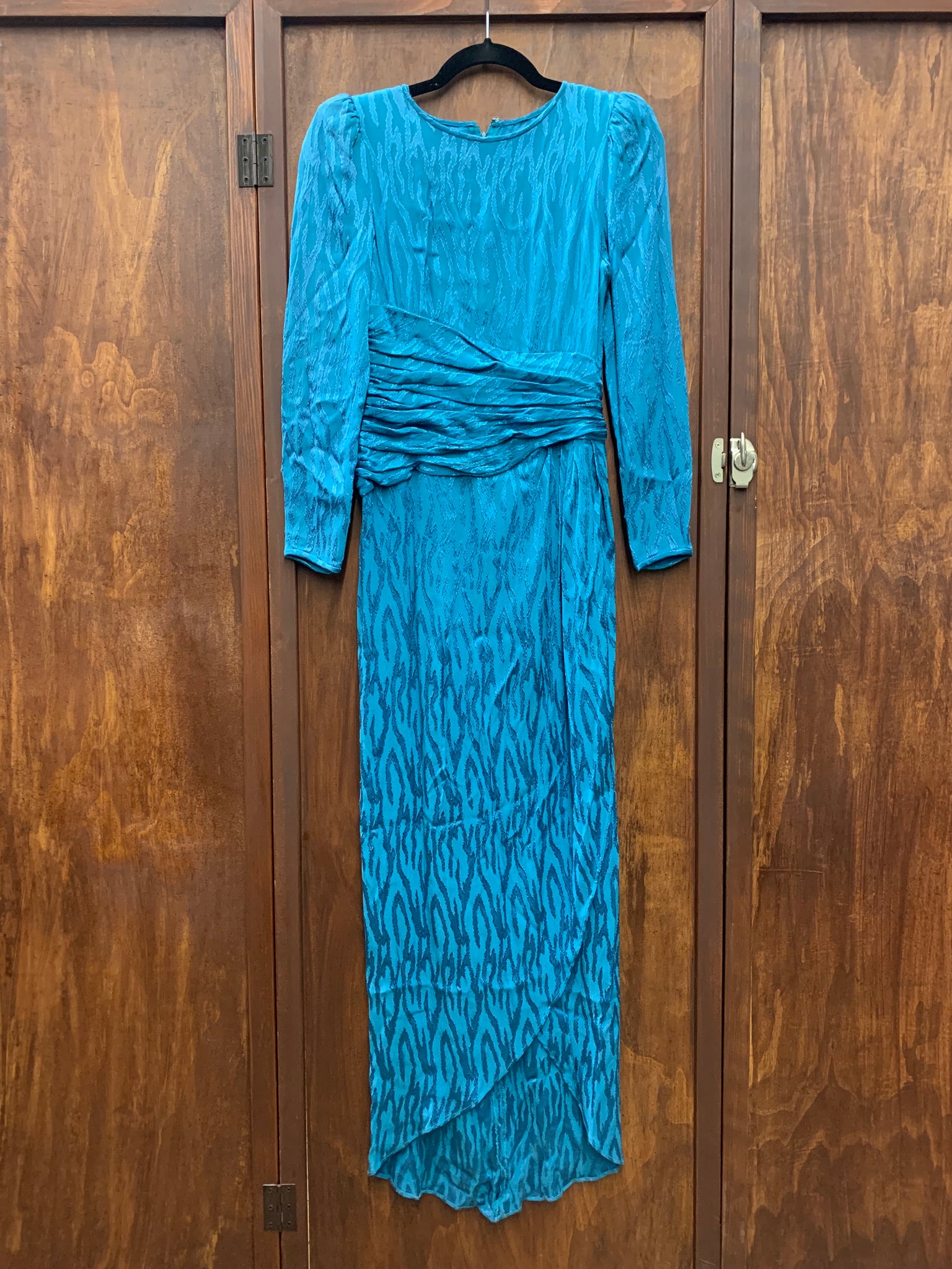 1990s DRESS- Teal zebra print jaquard l/s gown