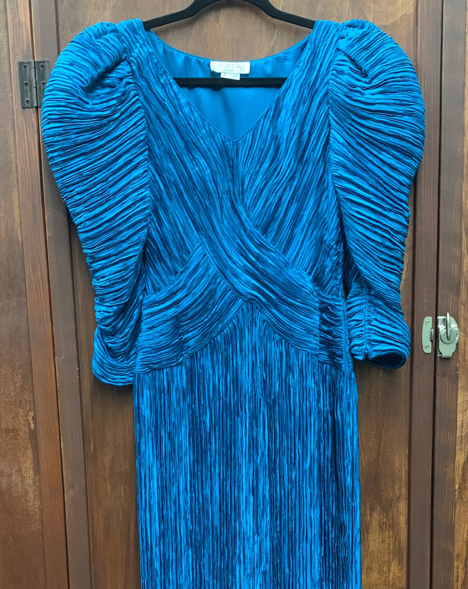 RENTAL 1980s DRESS- Mary McFadden Teal pleated gown