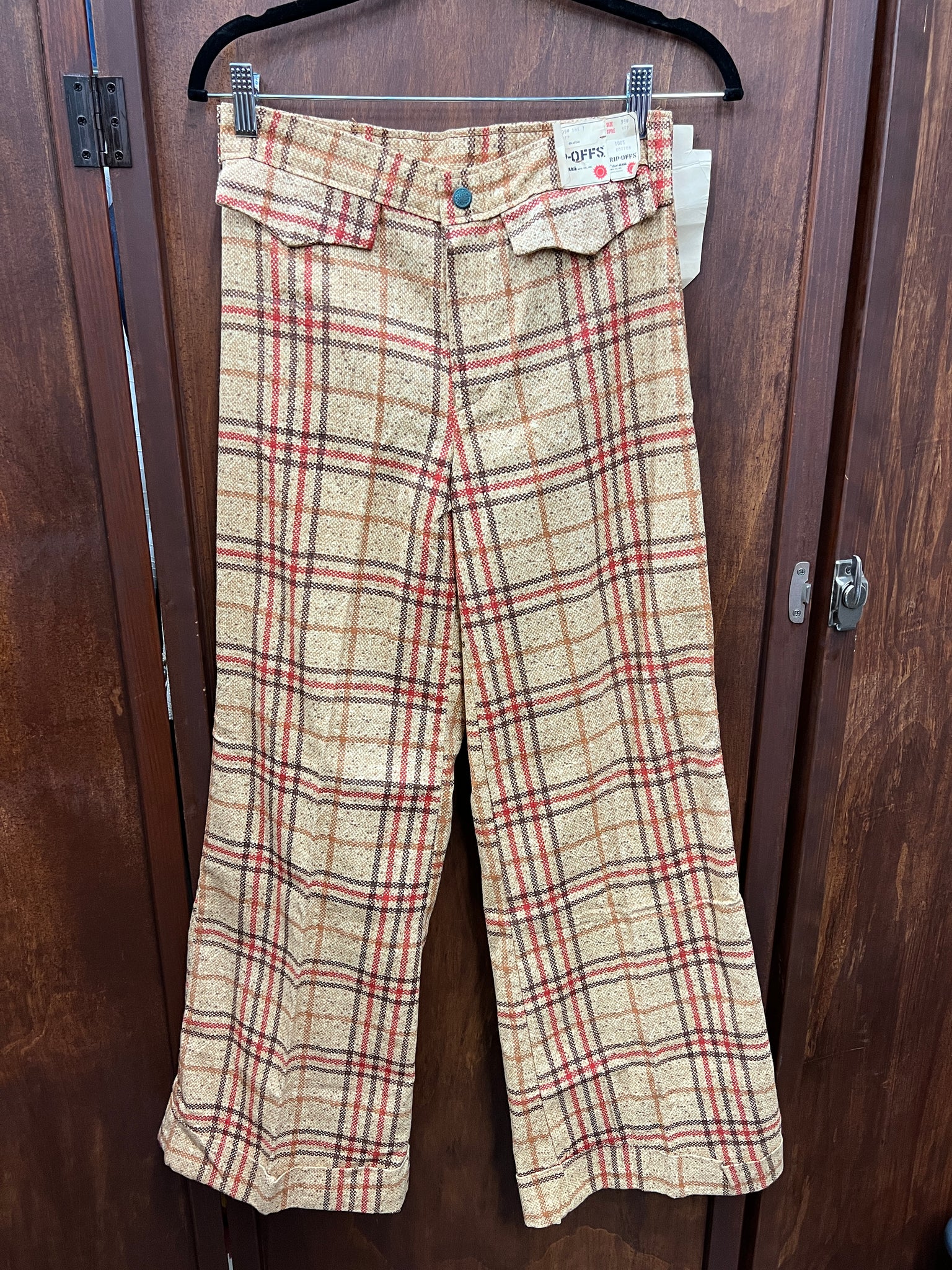 1970s PANTS- Rip-Offs brown plaid bellbottom deadstock