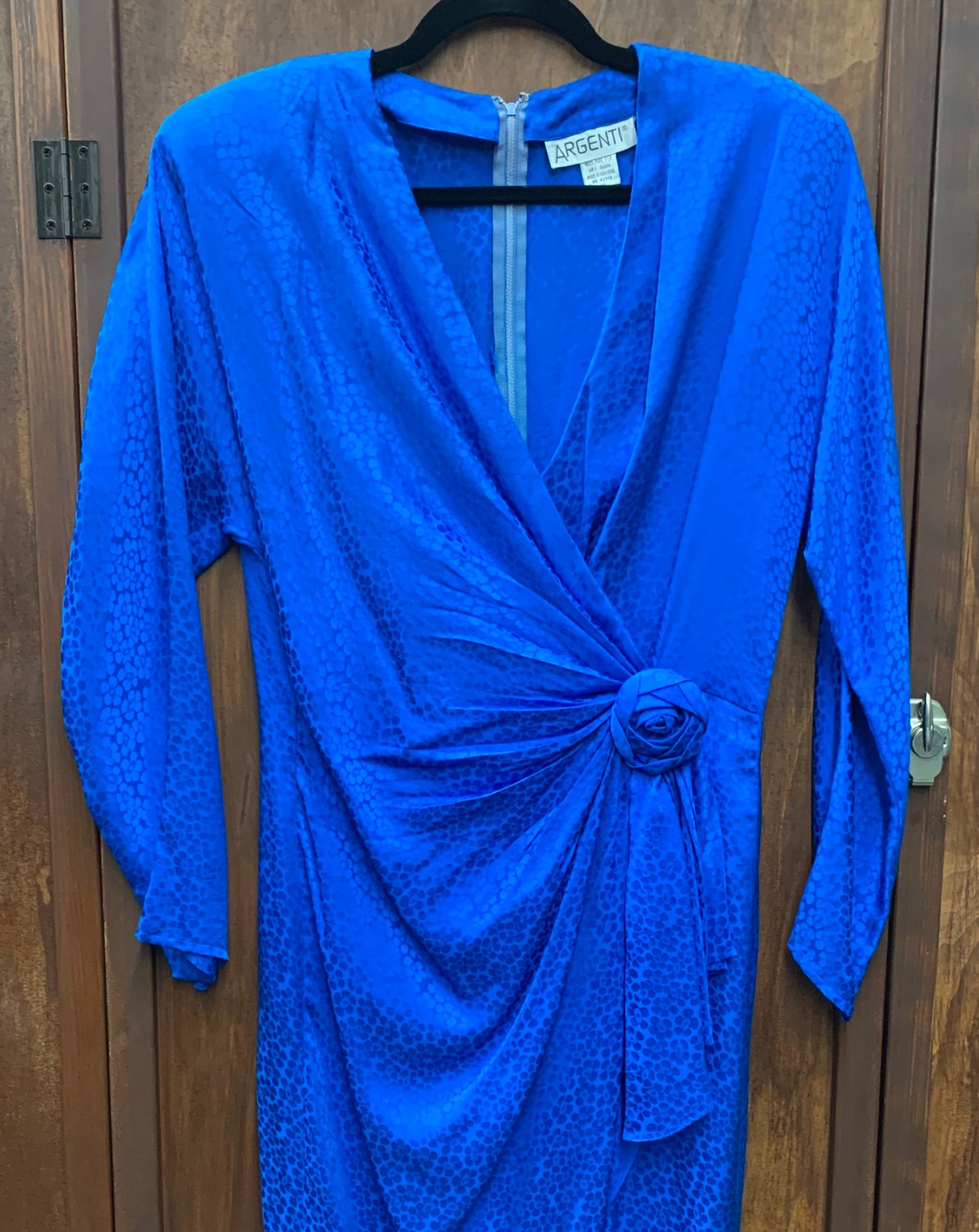 1980s DRESS- Argenti electric blue silk jaquard wrap