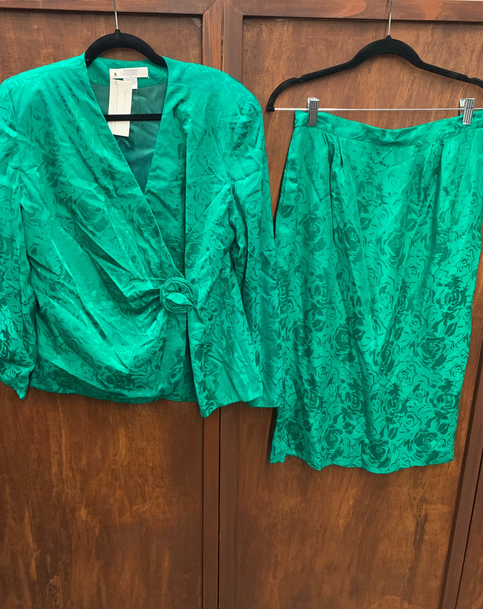 1990s 2 PIECE- I Magnin skirt set green jaquard silk