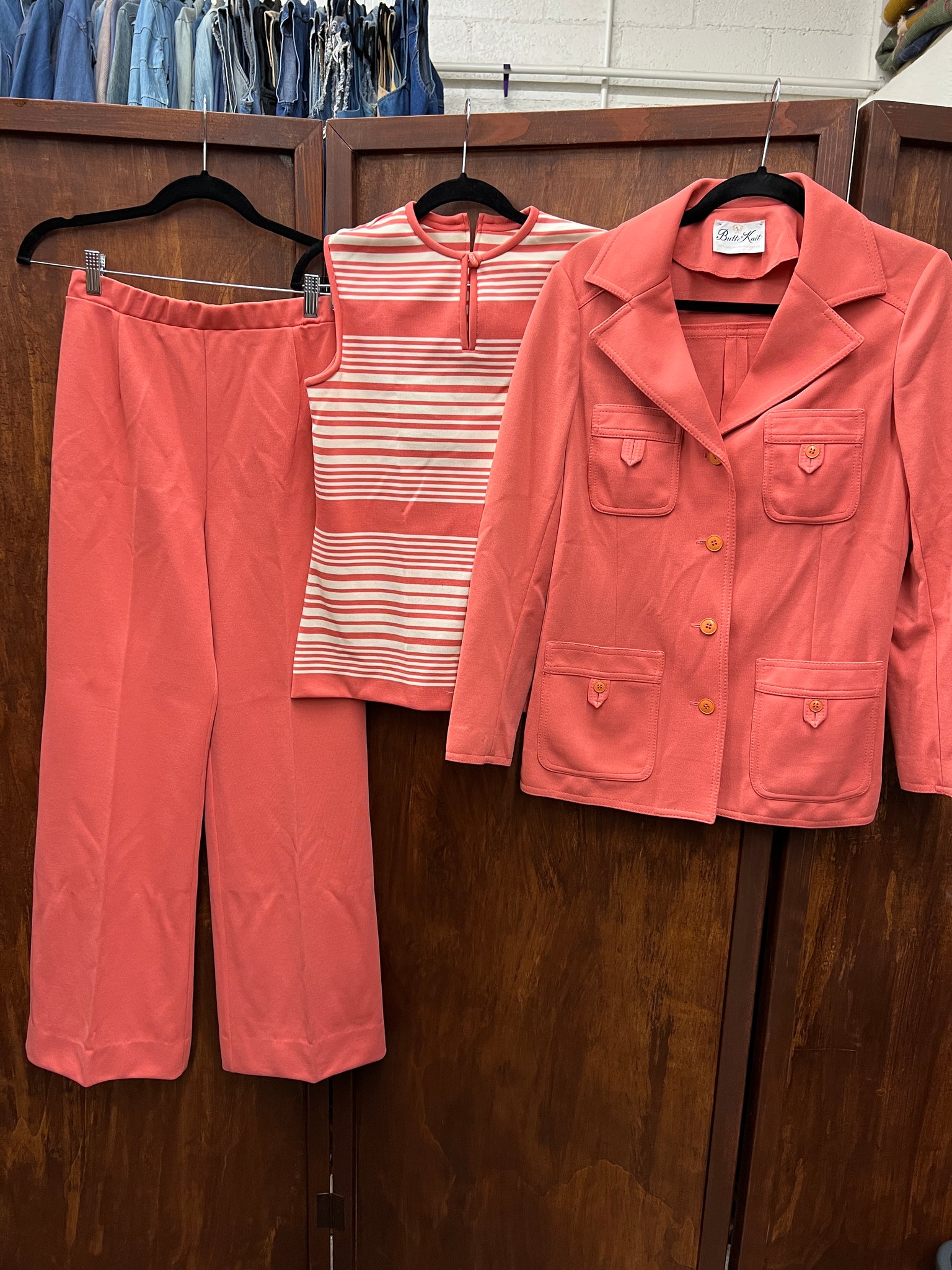 1970s 3 PIECE- PANTS SET-  Butte Knits coral pants, tops, jacket