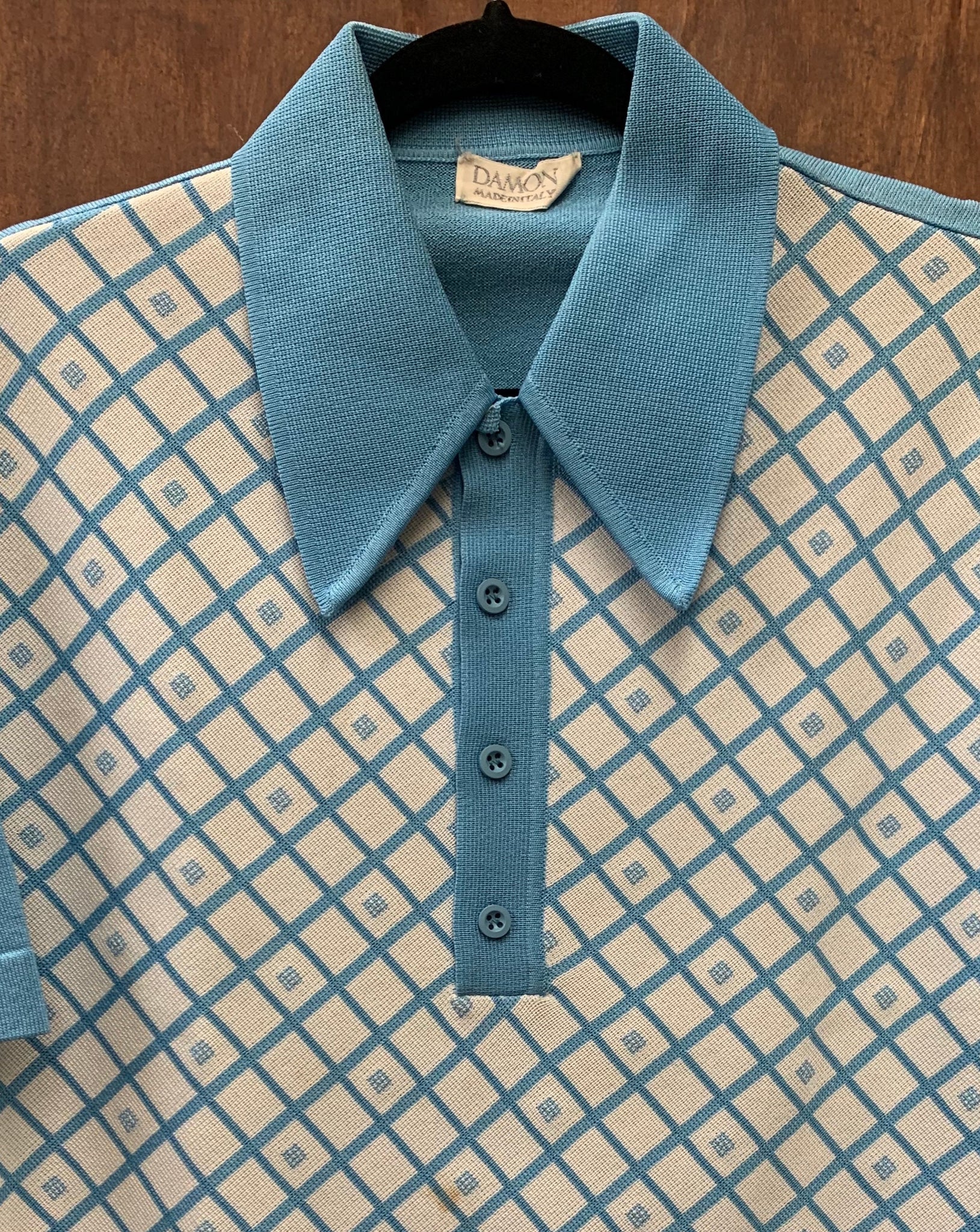 1960s MENS TOP- Damon blue check dagger collar knit