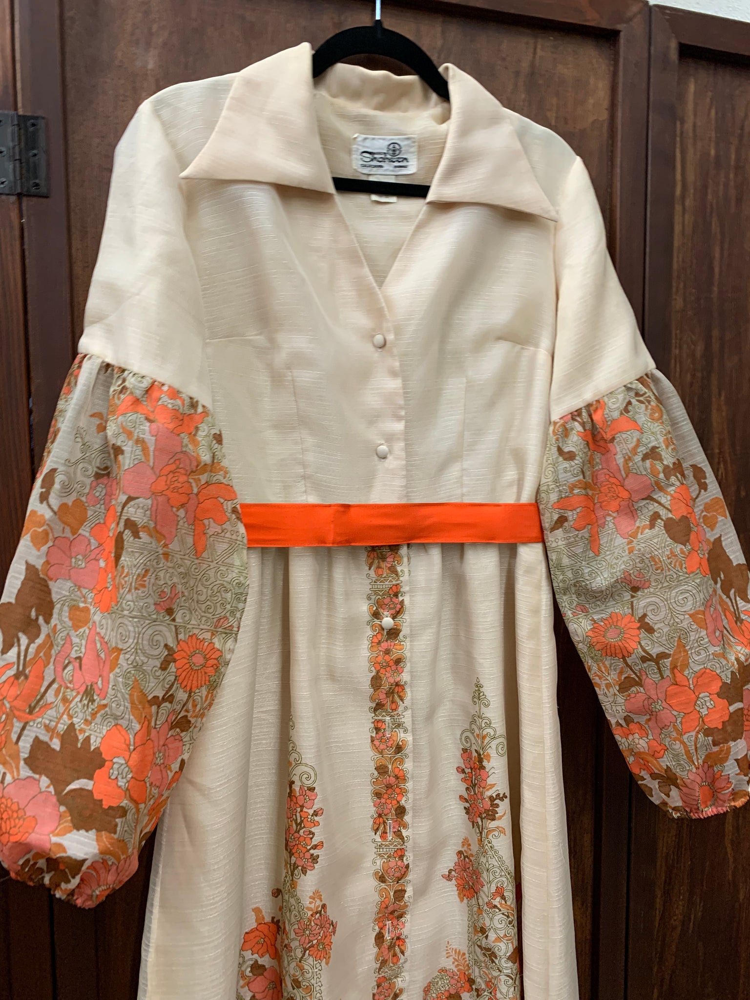 1960s DRESS- Shaheen cream w/ orange floral details
