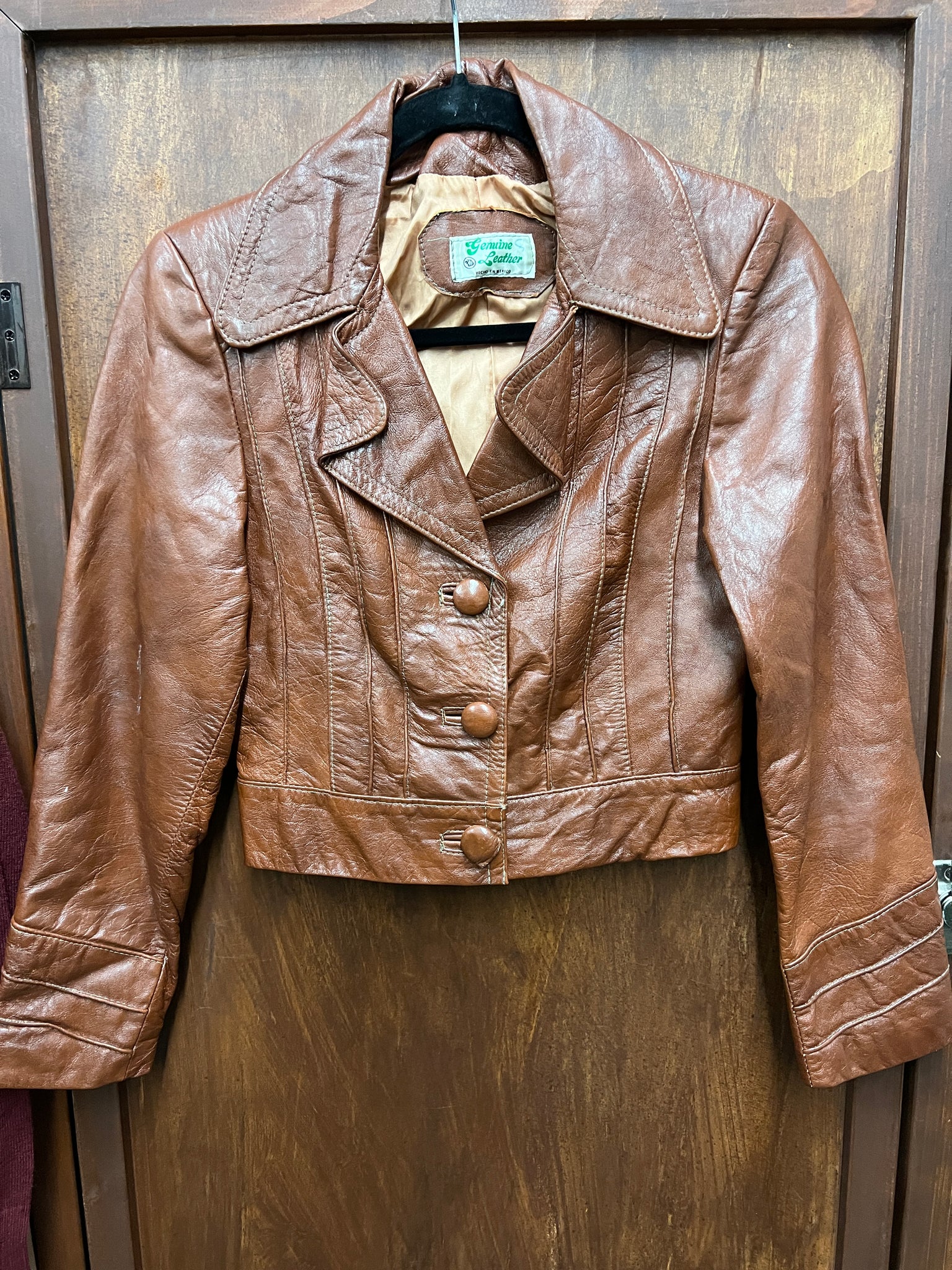 1970s-JACKET-LEATHER-brown cropped w/ large collar