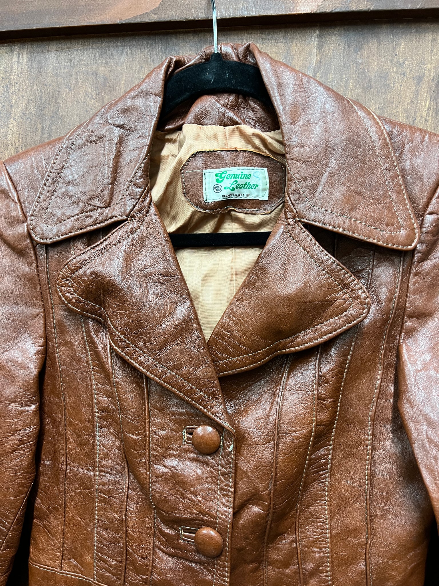 1970s-JACKET-LEATHER-brown cropped w/ large collar