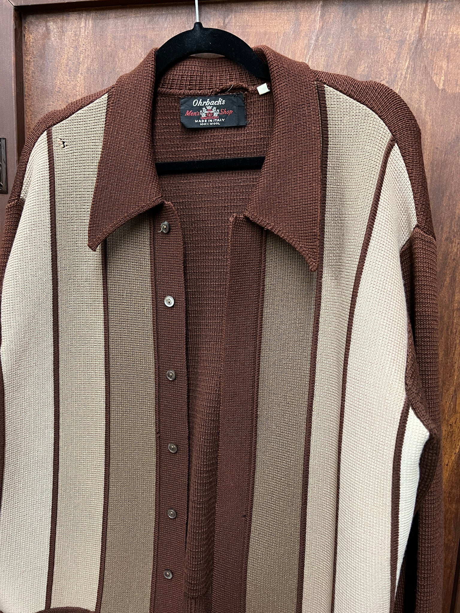 1970s MENS SWEATER-Orbach's brown collared buttondown w/ stripes