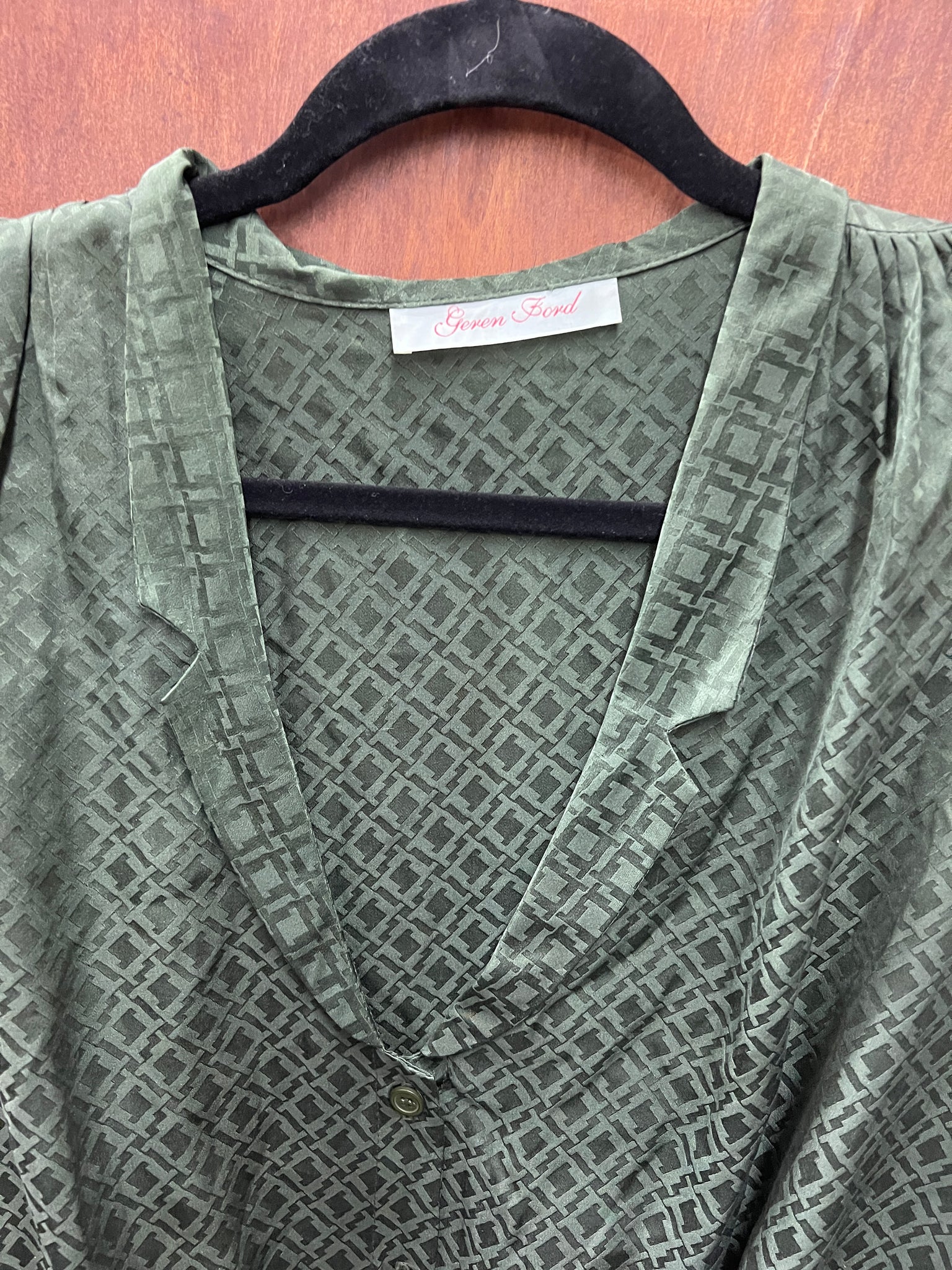 1990s+ TOPS- Geren Ford forest green silk jacquard l/s