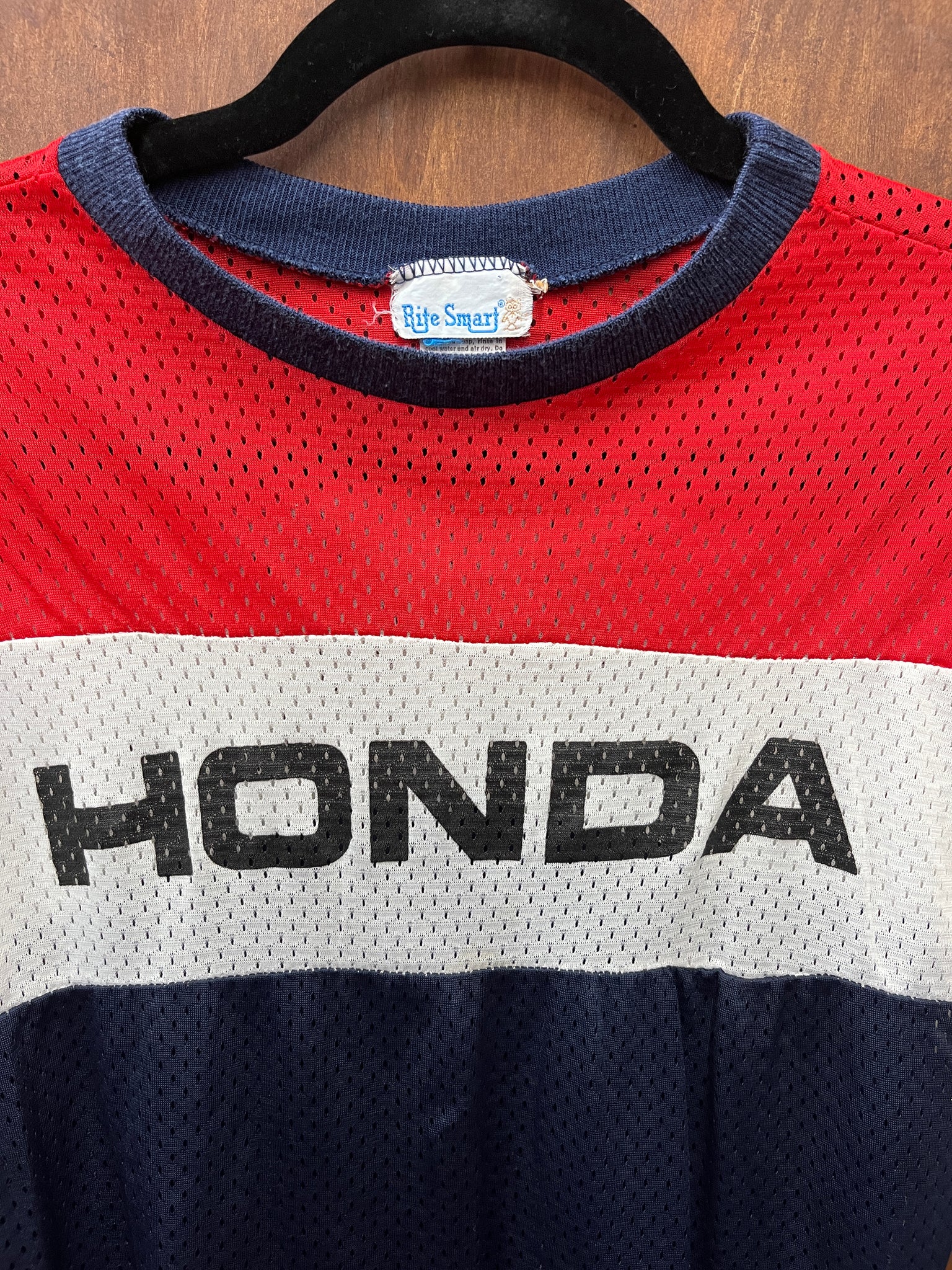 1970s TSHIRT- Rite Smart- Honda red white navy nylon mesh