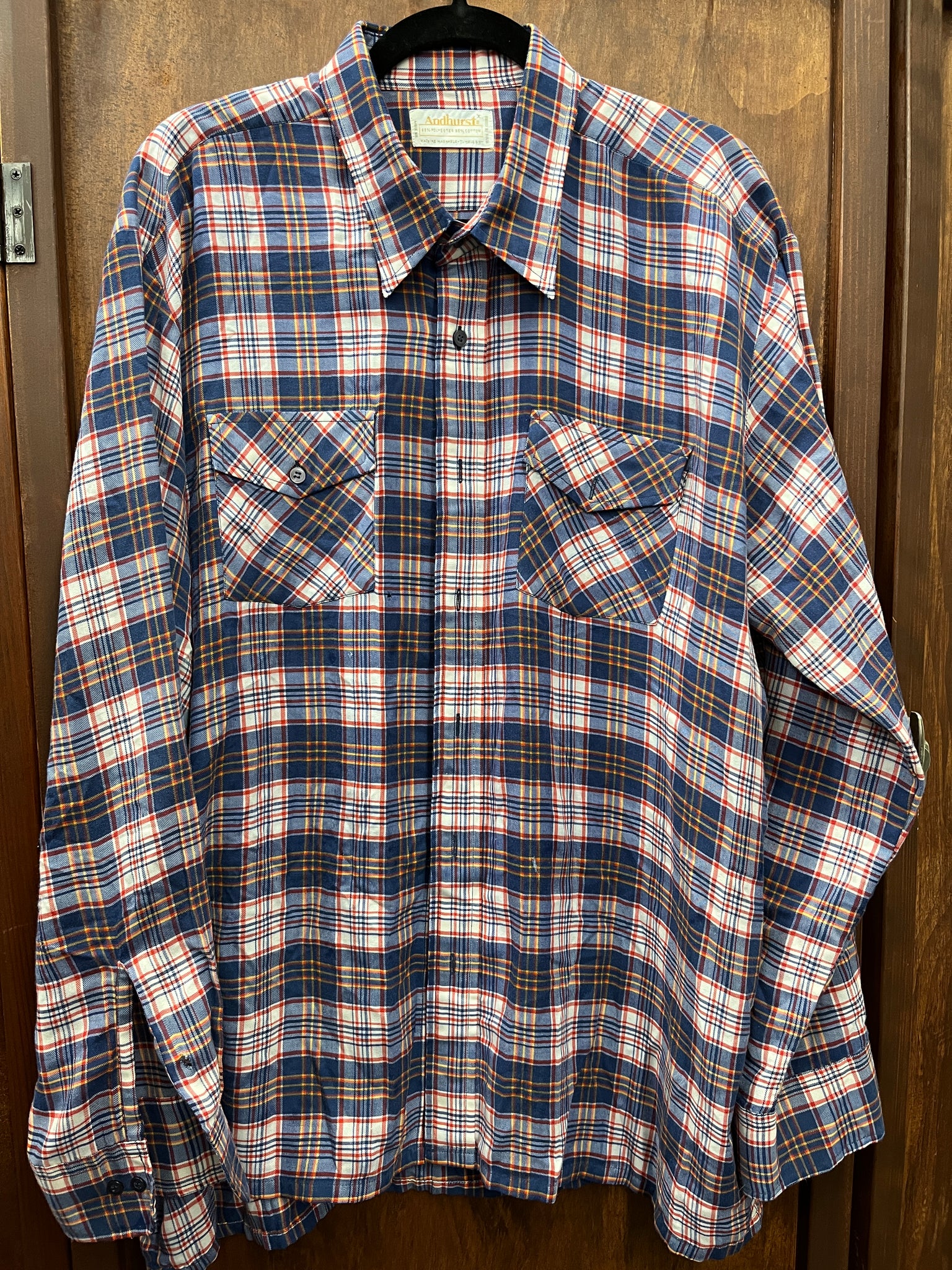 1970s MENS TOP-Andhurst-blue red gold plaid western l/s