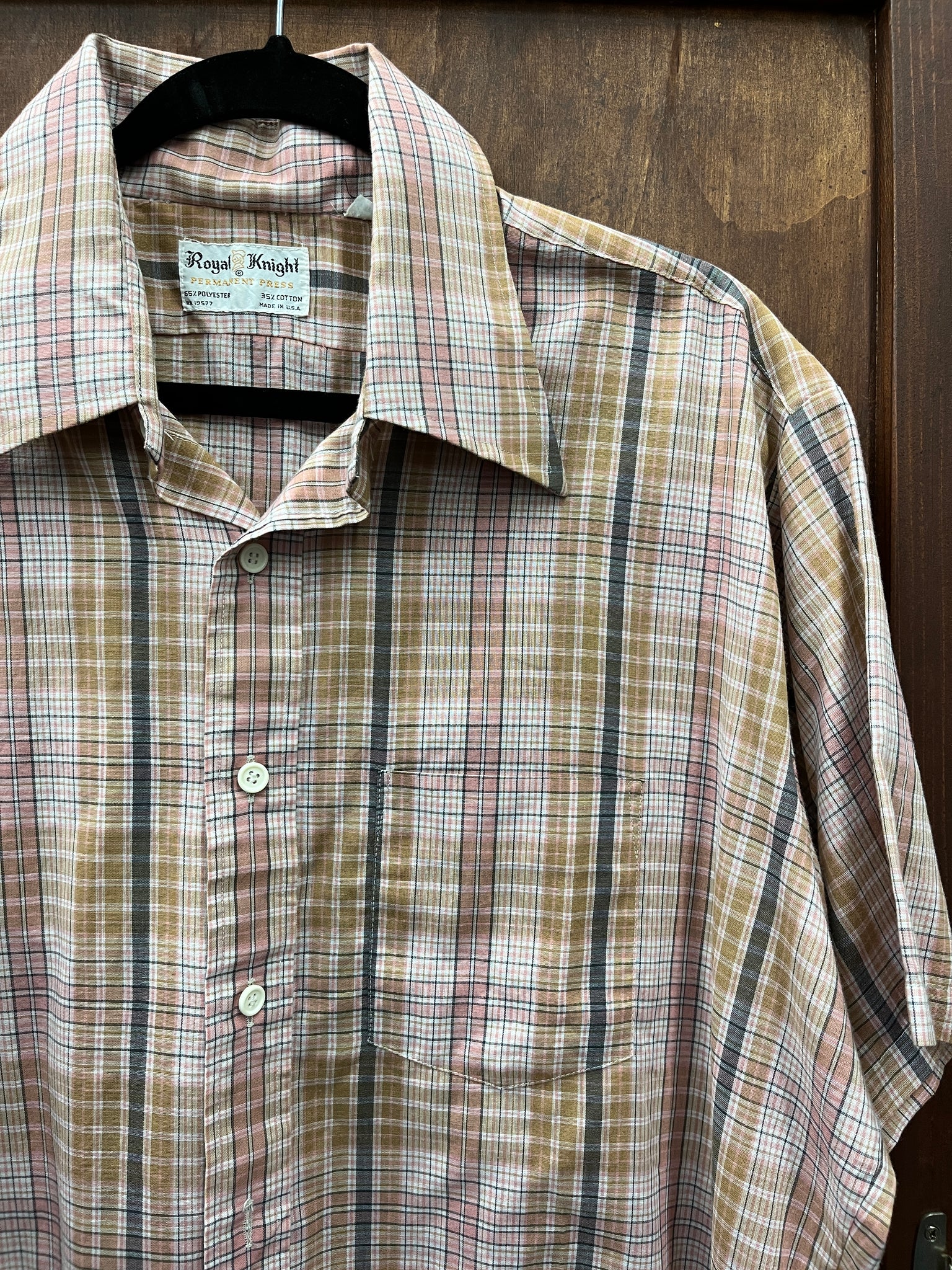 1970s MENS TOP-Royal Knight-pink grey plaid western s/s